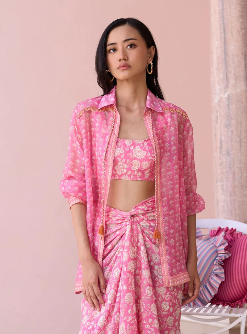 Nazeera Rani Pink Printed Organza Shirt & Lawn Skirt Set