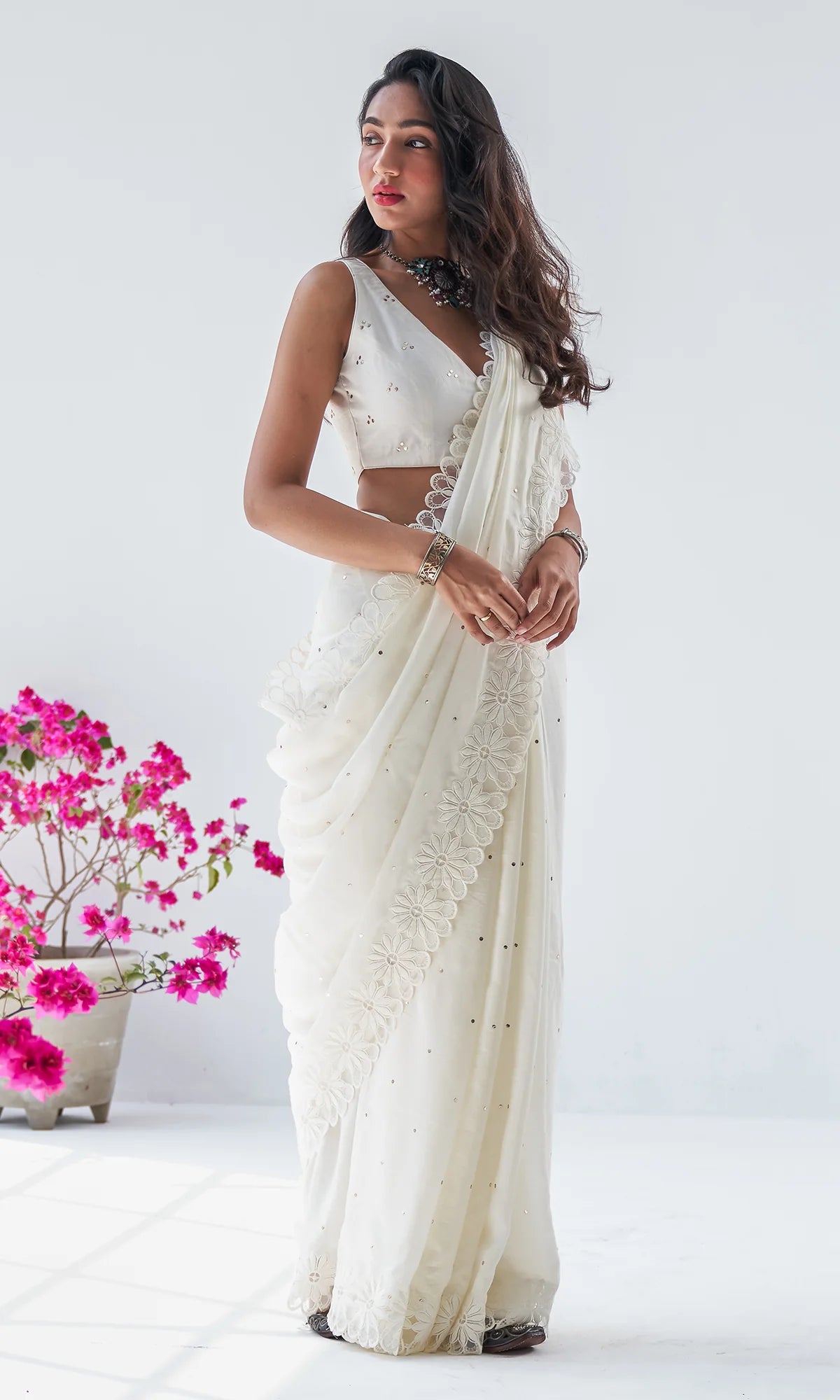 Firdaus Mughals Off White Sleeveless Mukaish Blouse with Mukaish and Floral Patch Work Saree and Petticoat - Set of 3