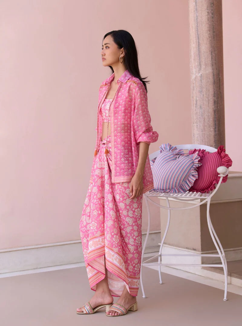 Nazeera Rani Pink Printed Organza Shirt & Lawn Skirt Set
