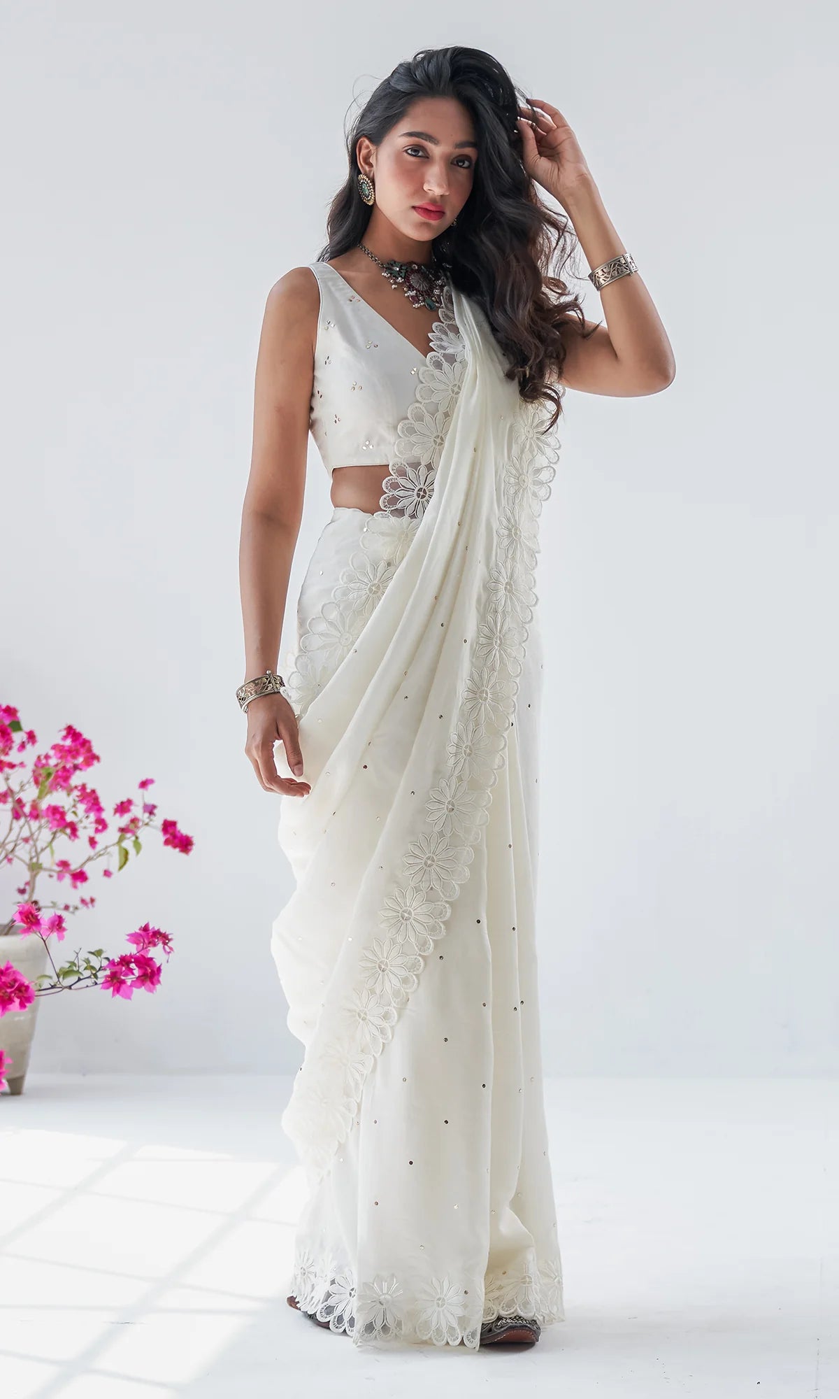 Firdaus Mughals Off White Sleeveless Mukaish Blouse with Mukaish and Floral Patch Work Saree and Petticoat - Set of 3