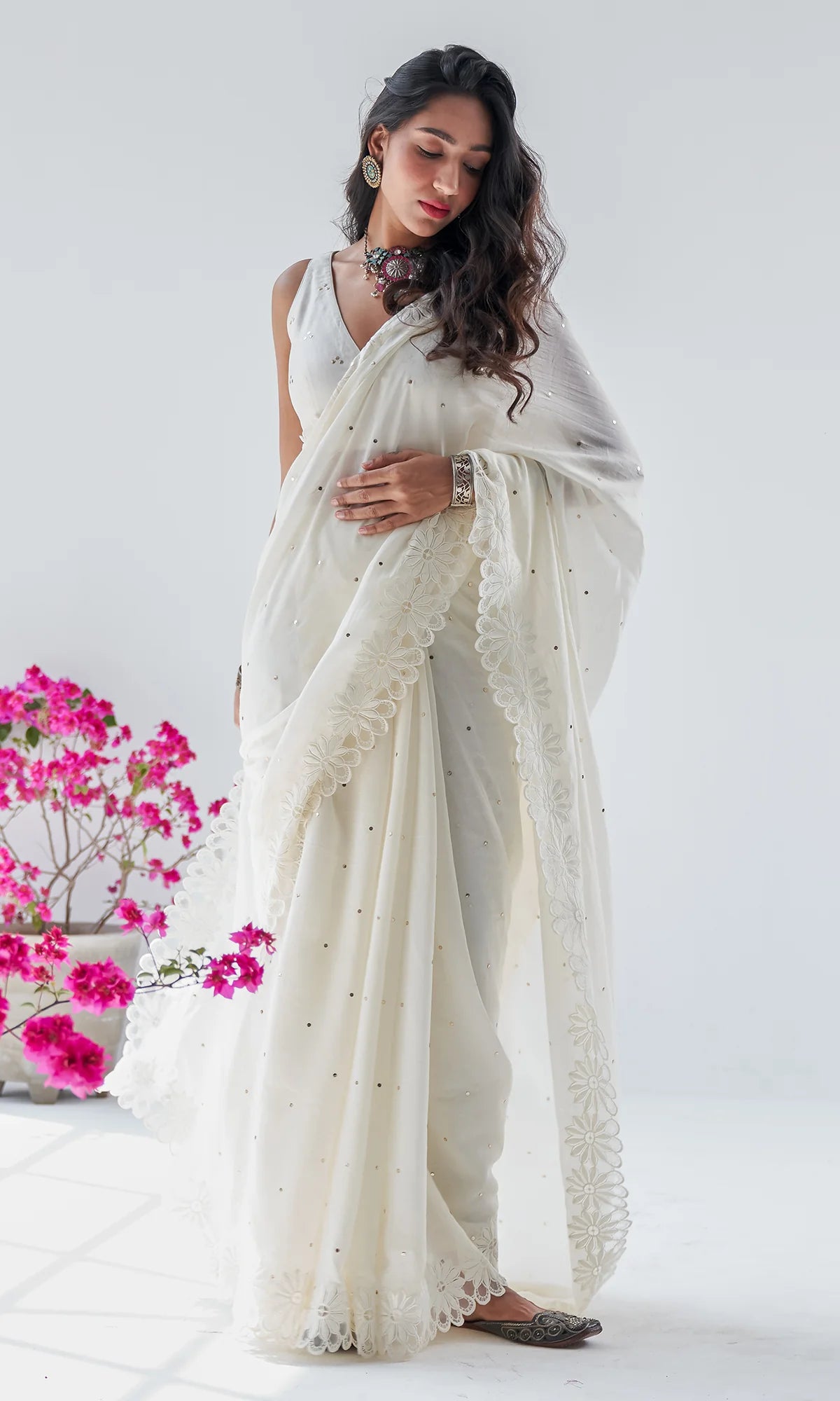 Firdaus Mughals Off White Sleeveless Mukaish Blouse with Mukaish and Floral Patch Work Saree and Petticoat - Set of 3
