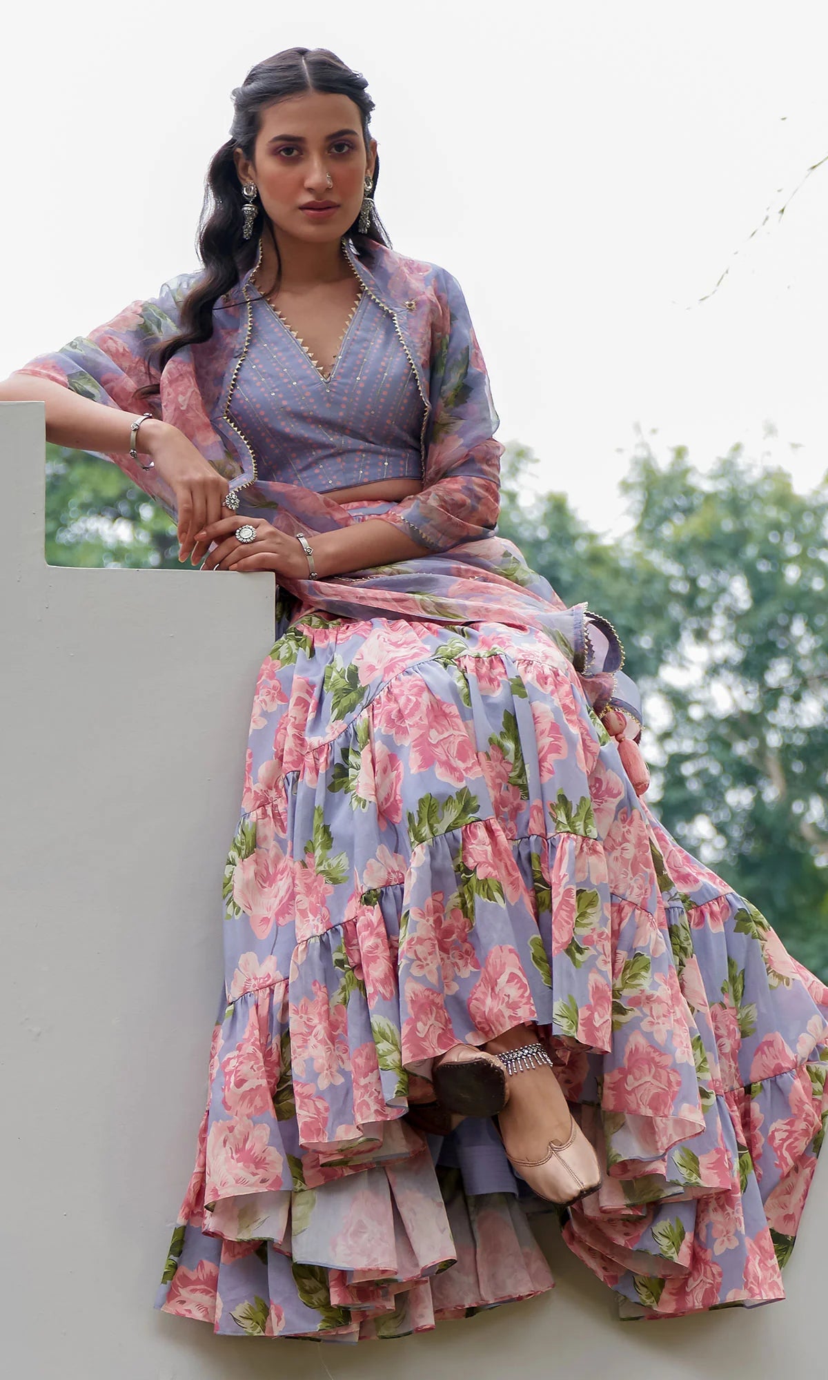 AZRA LILAC TIERED FLORAL PRINTED LEHENGA WITH BLOUSE & DUPATTA - SET OF 3