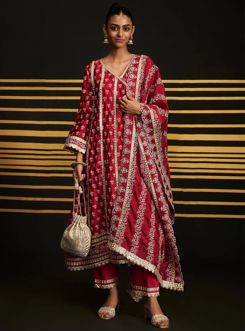 Patola Fuchsia Organza Satin Anarkali Kurta & Pima Satin Pant Set