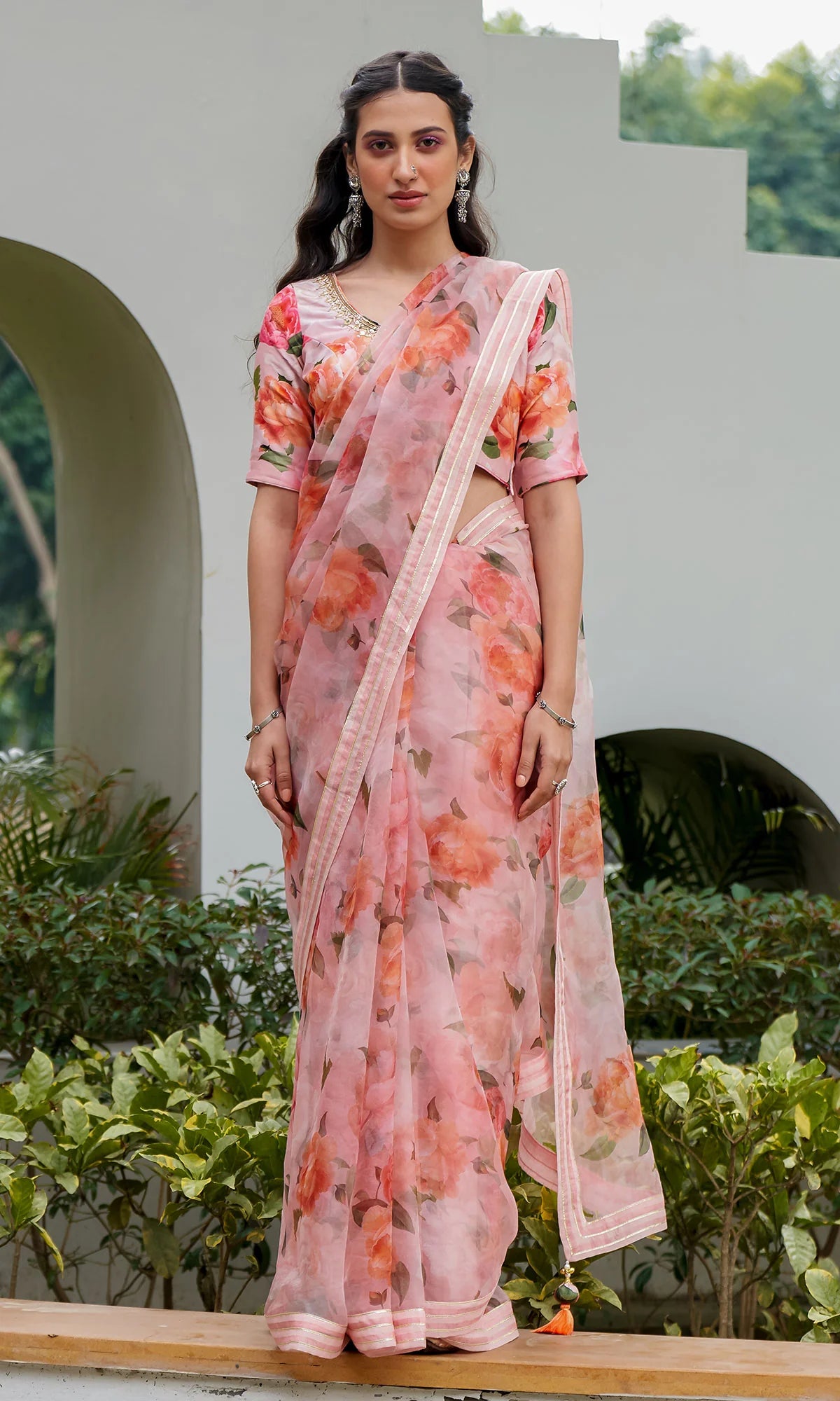 AZRA PINK FLORAL PRINTED SAREE WITH FLORAL PRINT BLOUSE - SET OF 3