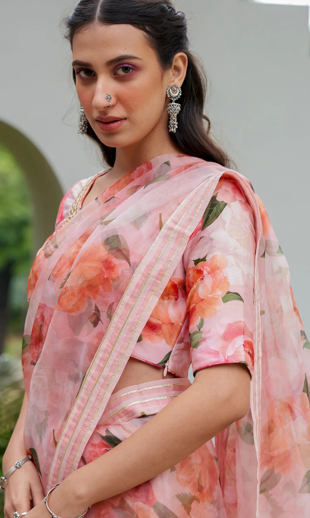 AZRA PINK FLORAL PRINTED SAREE WITH FLORAL PRINT BLOUSE - SET OF 3