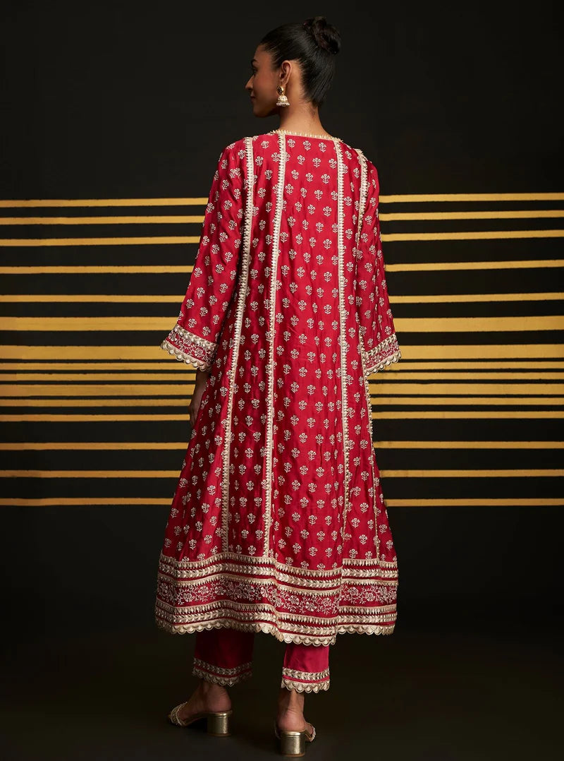 Patola Fuchsia Organza Satin Anarkali Kurta & Pima Satin Pant Set