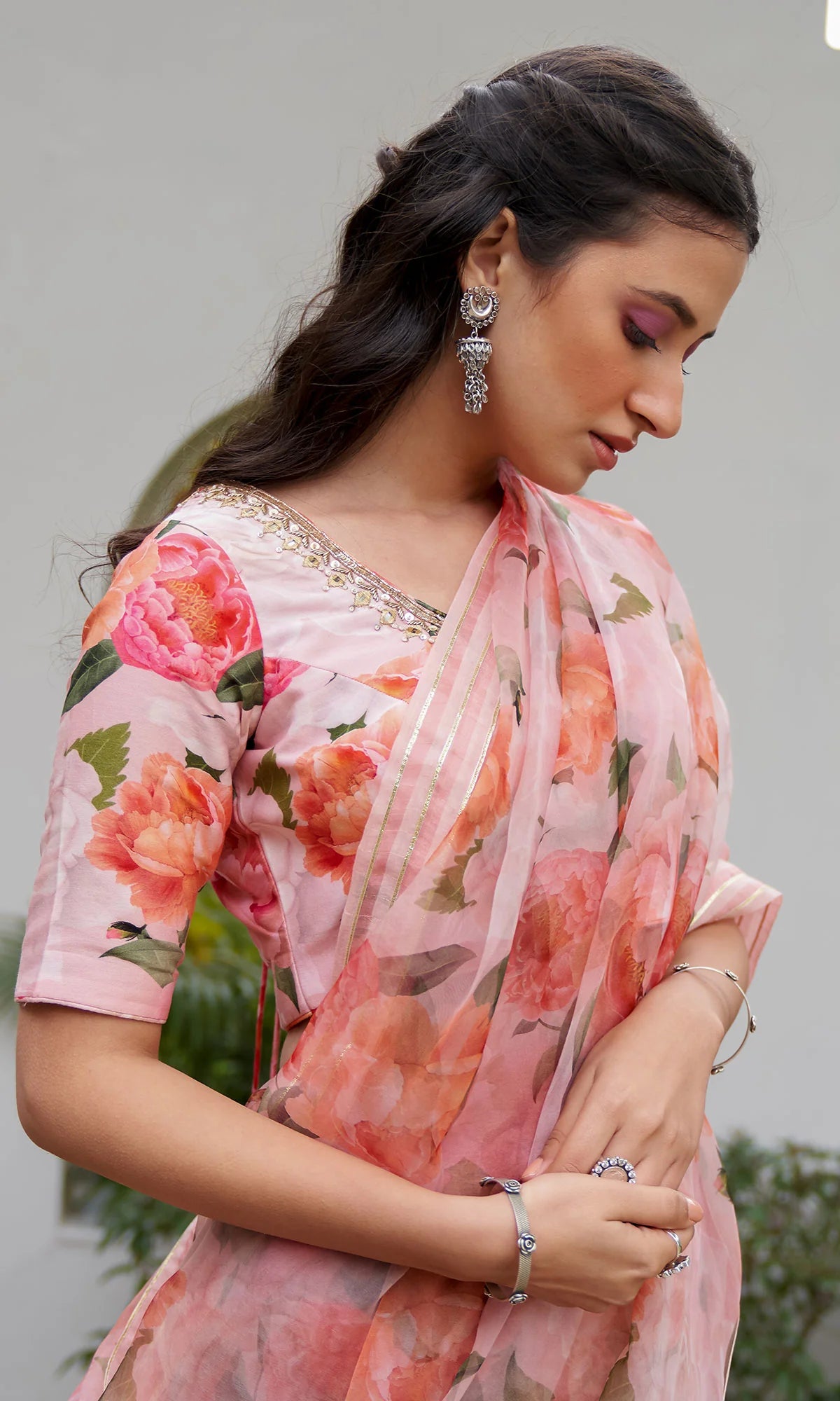 AZRA PINK FLORAL PRINTED SAREE WITH FLORAL PRINT BLOUSE - SET OF 3