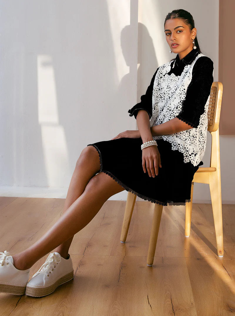 Cotton Celina Black Dress with White Guipure Layer