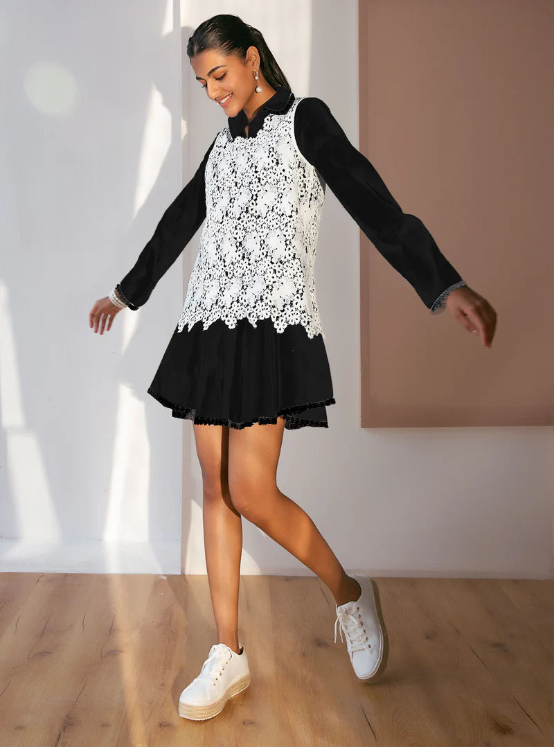 Cotton Celina Black Dress with White Guipure Layer