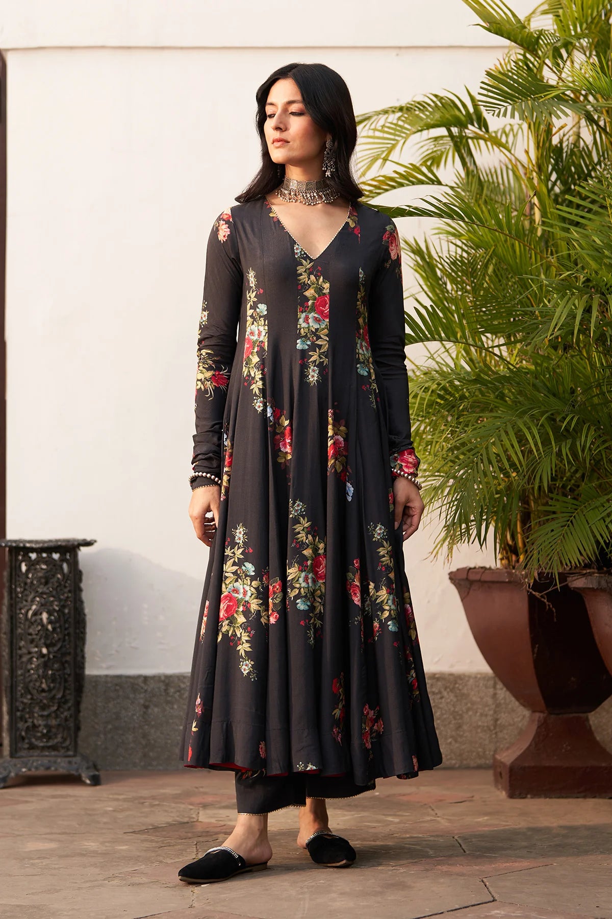Bagh vol 2 black anarkali with palazzo and stripe organza dupatta (set of 3)