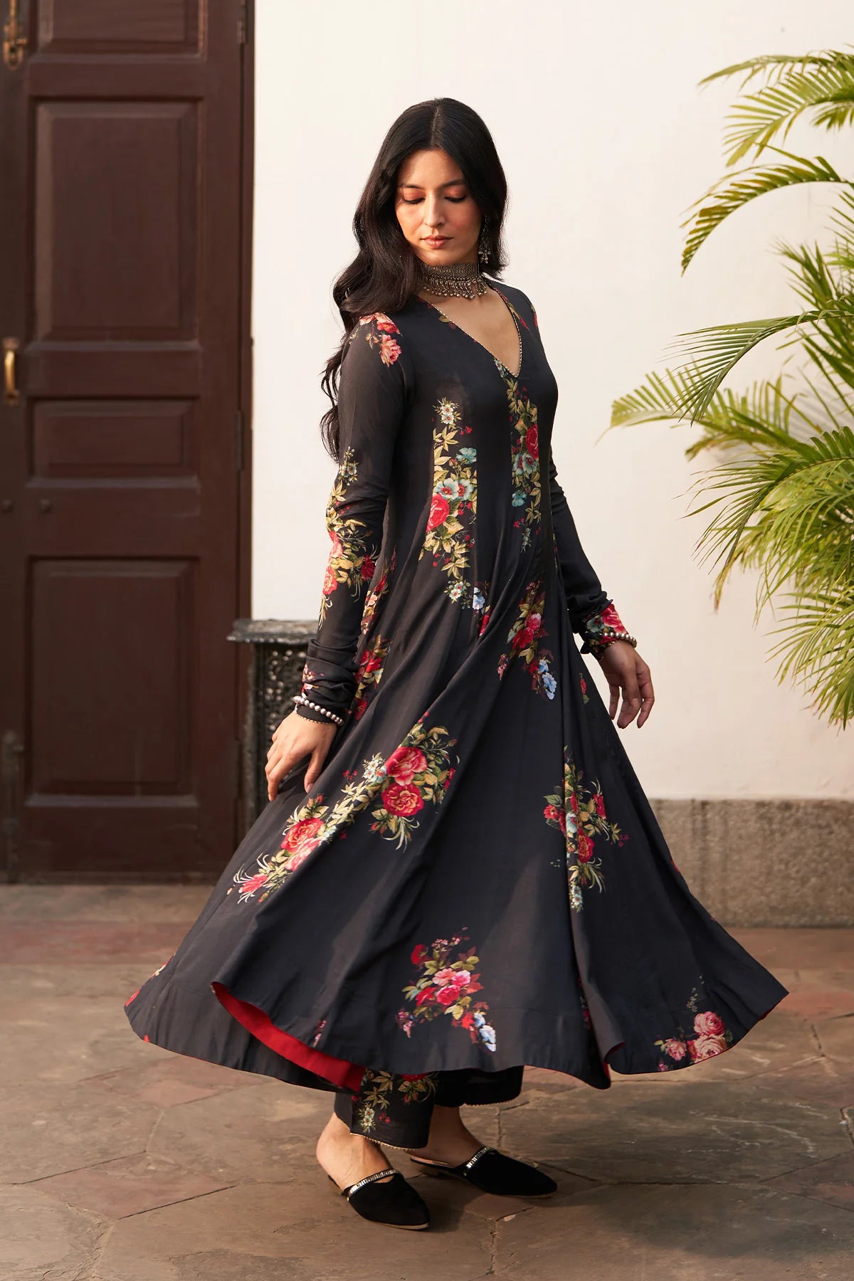 Bagh vol 2 black anarkali with palazzo and stripe organza dupatta (set of 3)