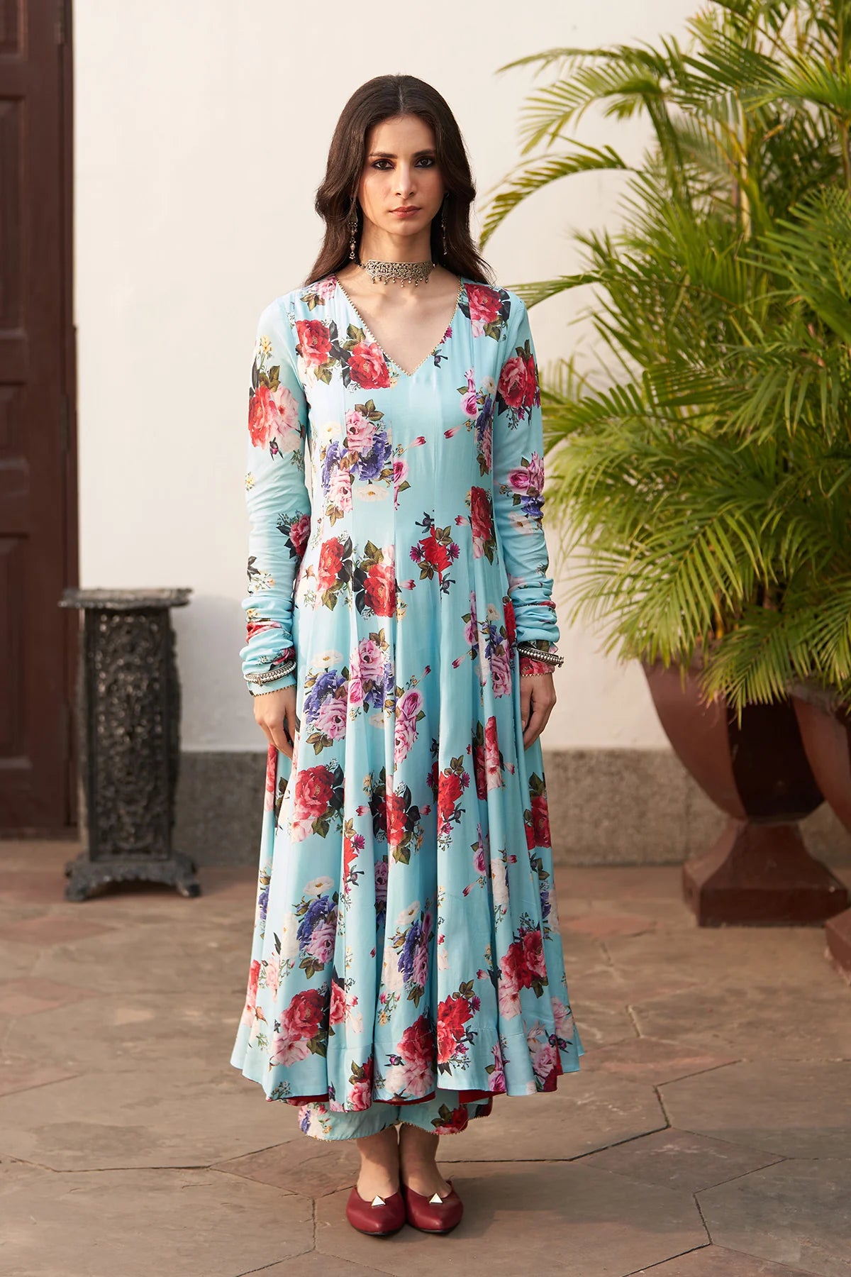 Bagh vol 2 turquoise anarkali with palazzo and stripe organza dupatta (set of 3)