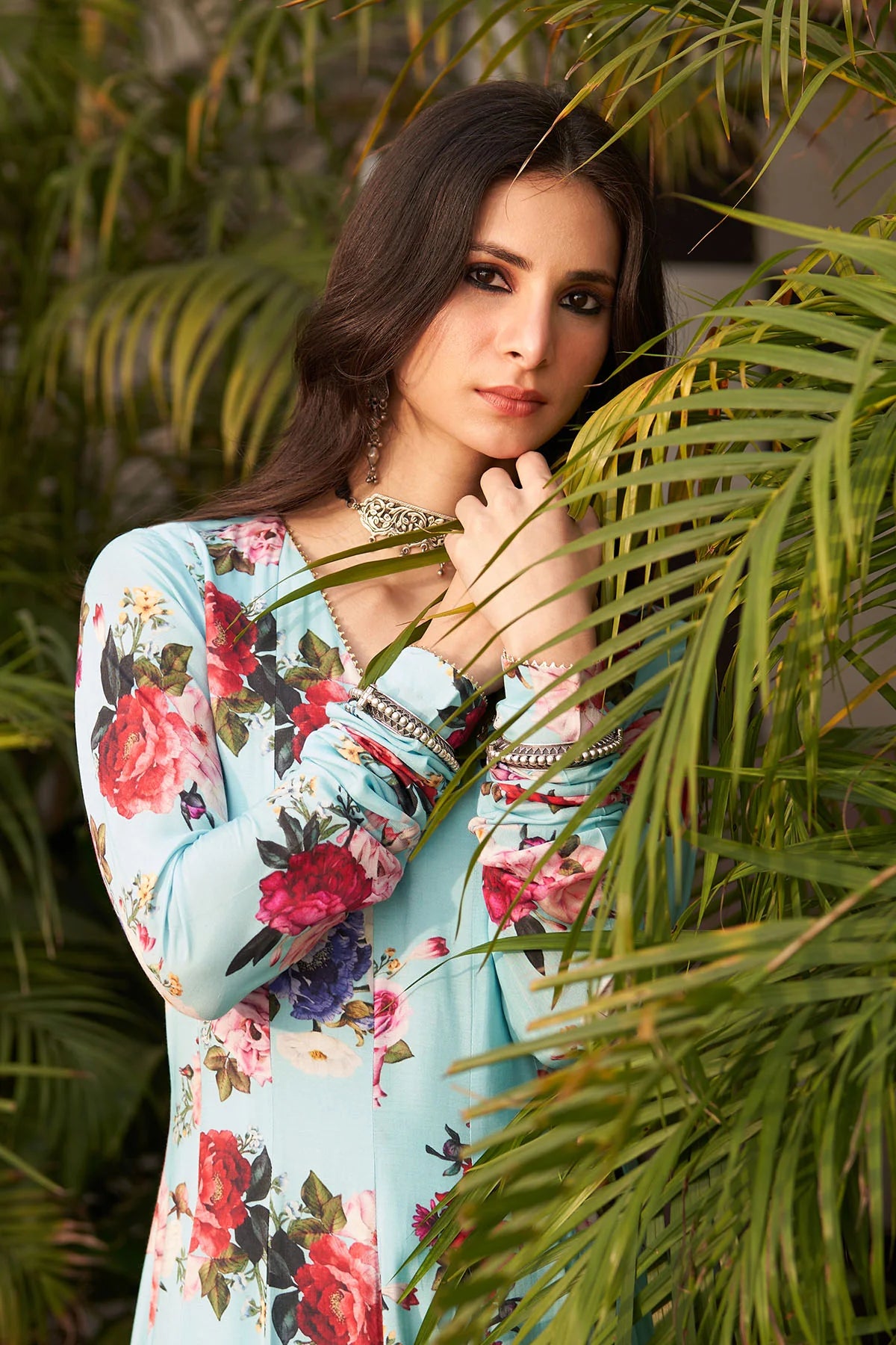 Bagh vol 2 turquoise anarkali with palazzo and stripe organza dupatta (set of 3)