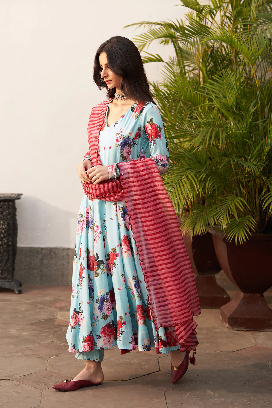 Bagh vol 2 turquoise anarkali with palazzo and stripe organza dupatta (set of 3)