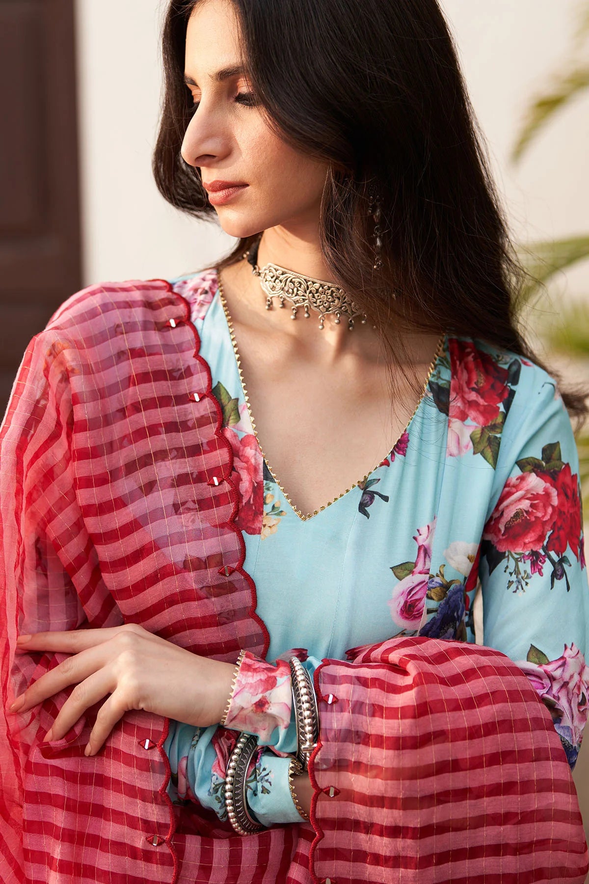 Bagh vol 2 turquoise anarkali with palazzo and stripe organza dupatta (set of 3)