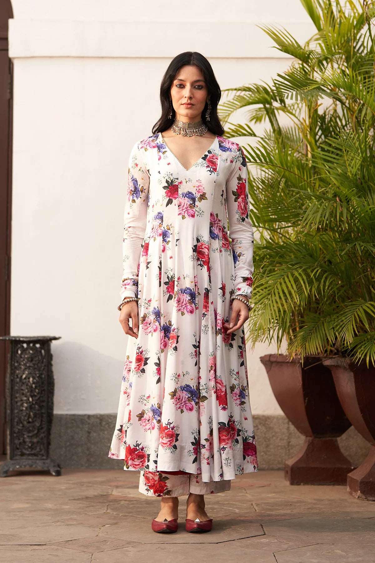 Bagh vol 2 white anarkali with palazzo and stripe organza dupatta (set of 3)