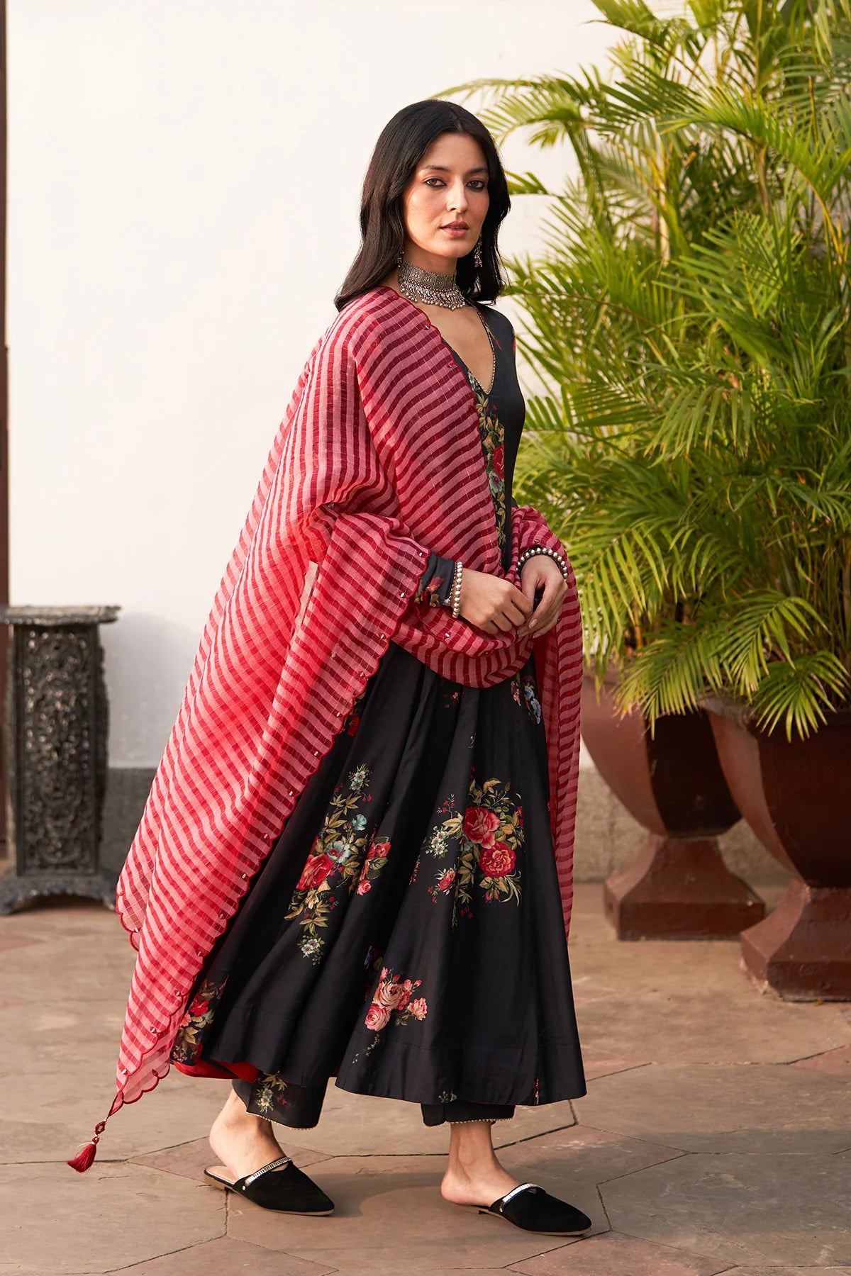 Bagh vol 2 black anarkali with palazzo and stripe organza dupatta (set of 3)