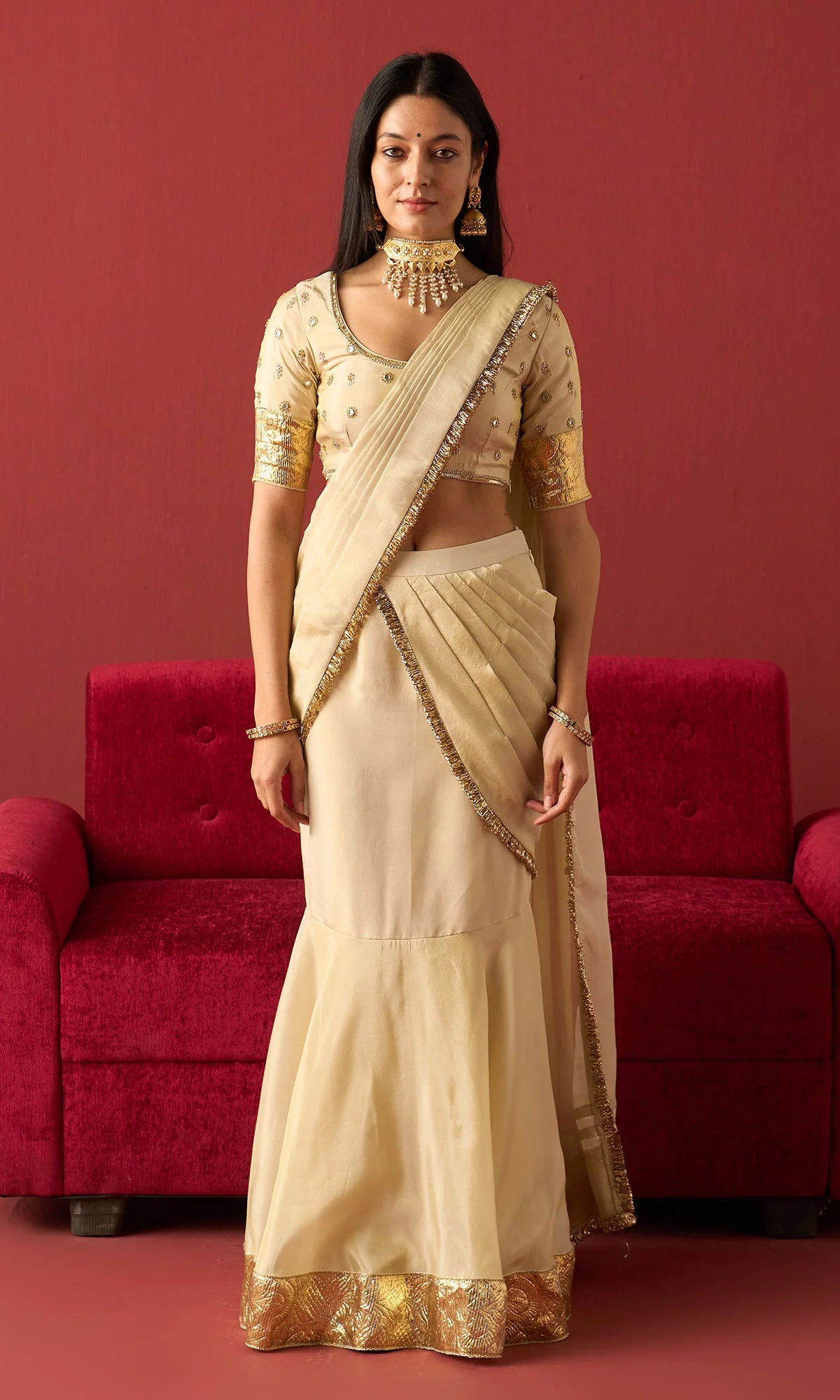 Rangeela Ivory Gold tissue drape saree with blouse( set of 2)