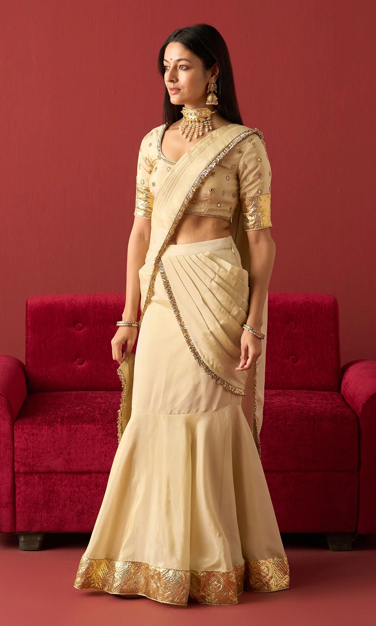 Rangeela Ivory Gold tissue drape saree with blouse( set of 2)