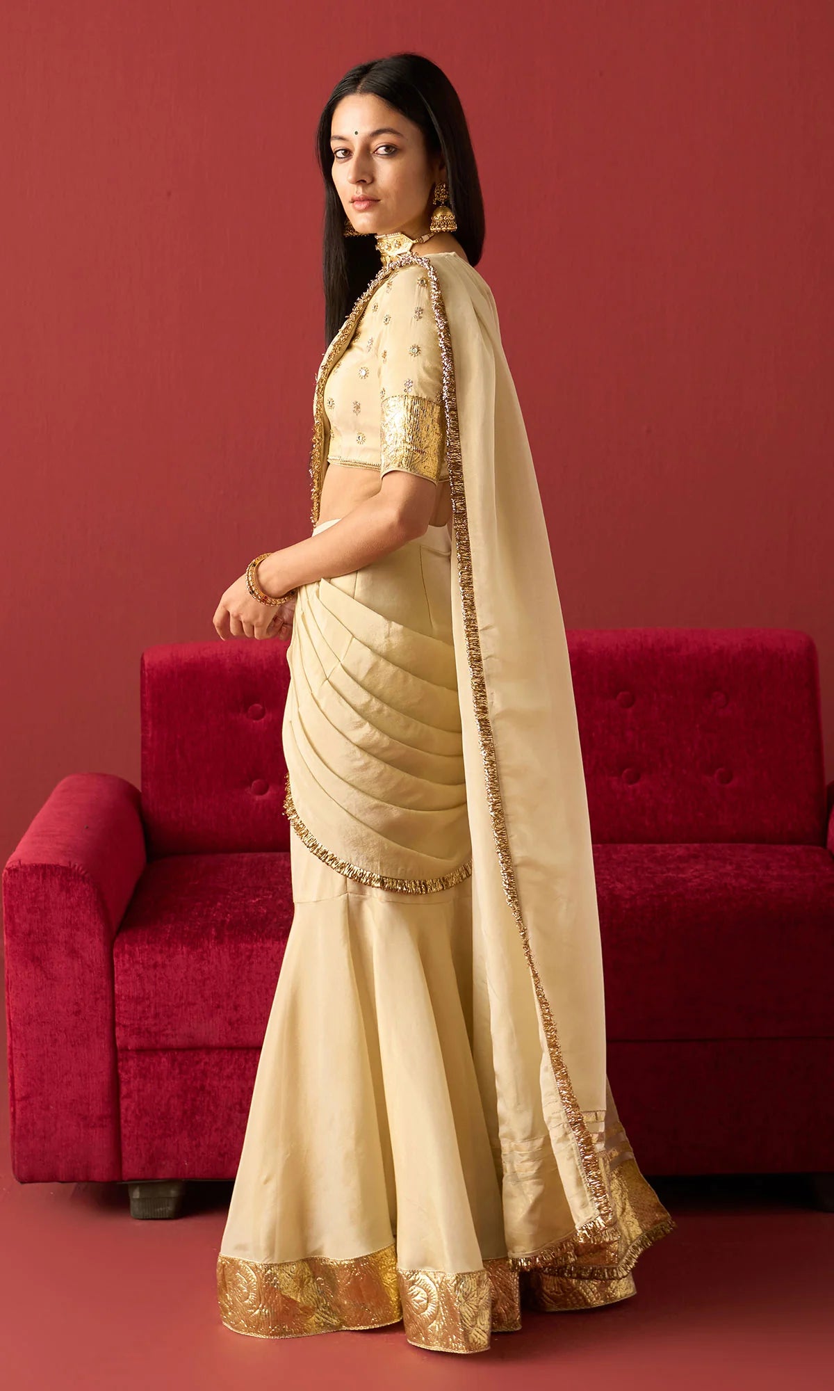 Rangeela Ivory Gold tissue drape saree with blouse( set of 2)