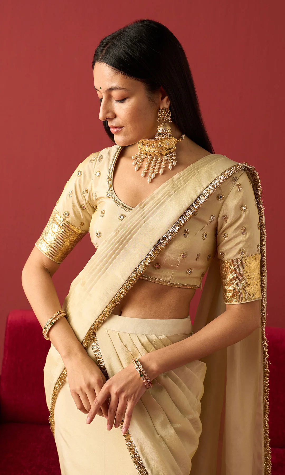 Rangeela Ivory Gold tissue drape saree with blouse( set of 2)