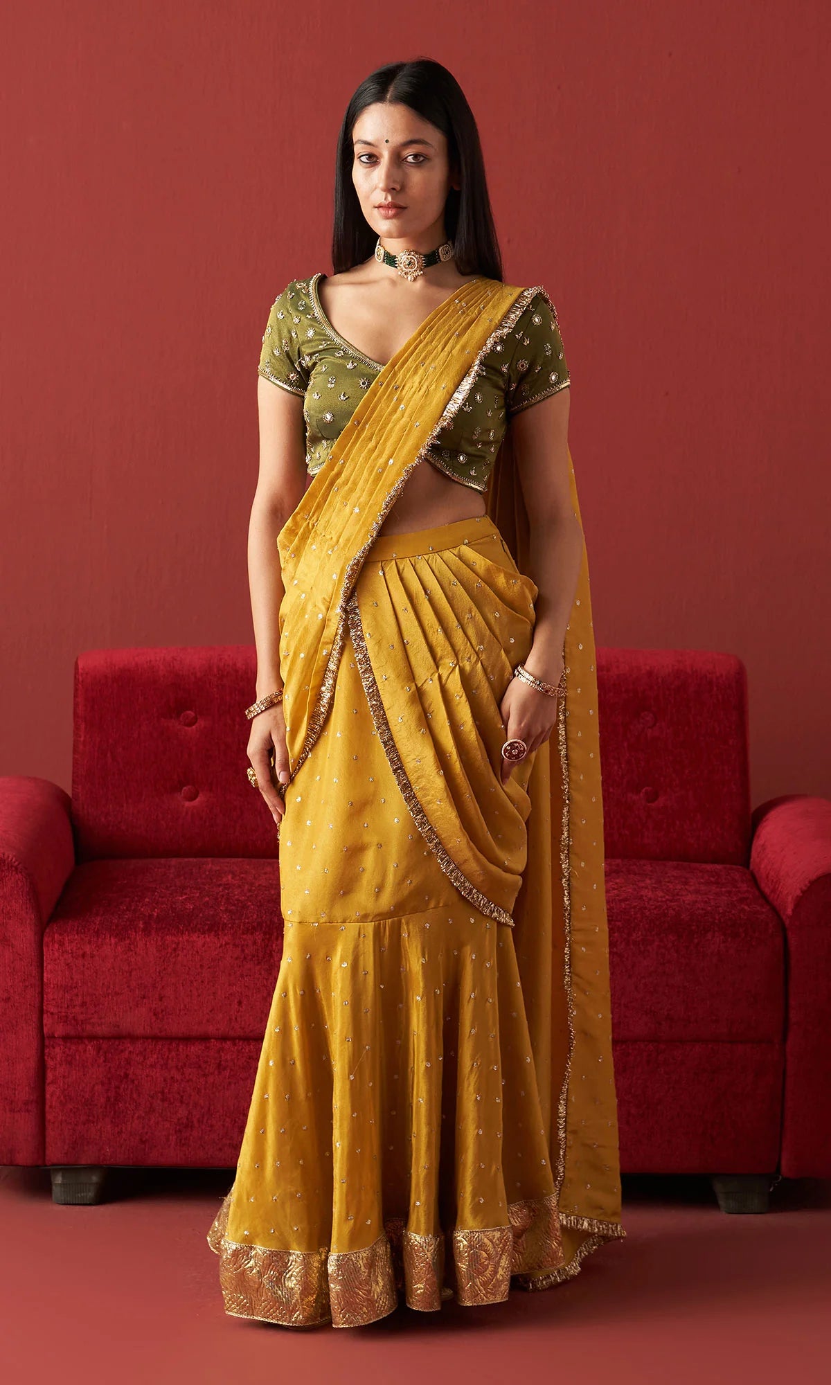 Rangeela Mustard Tissue Drape Saree & Blouse Set (Set of 2)