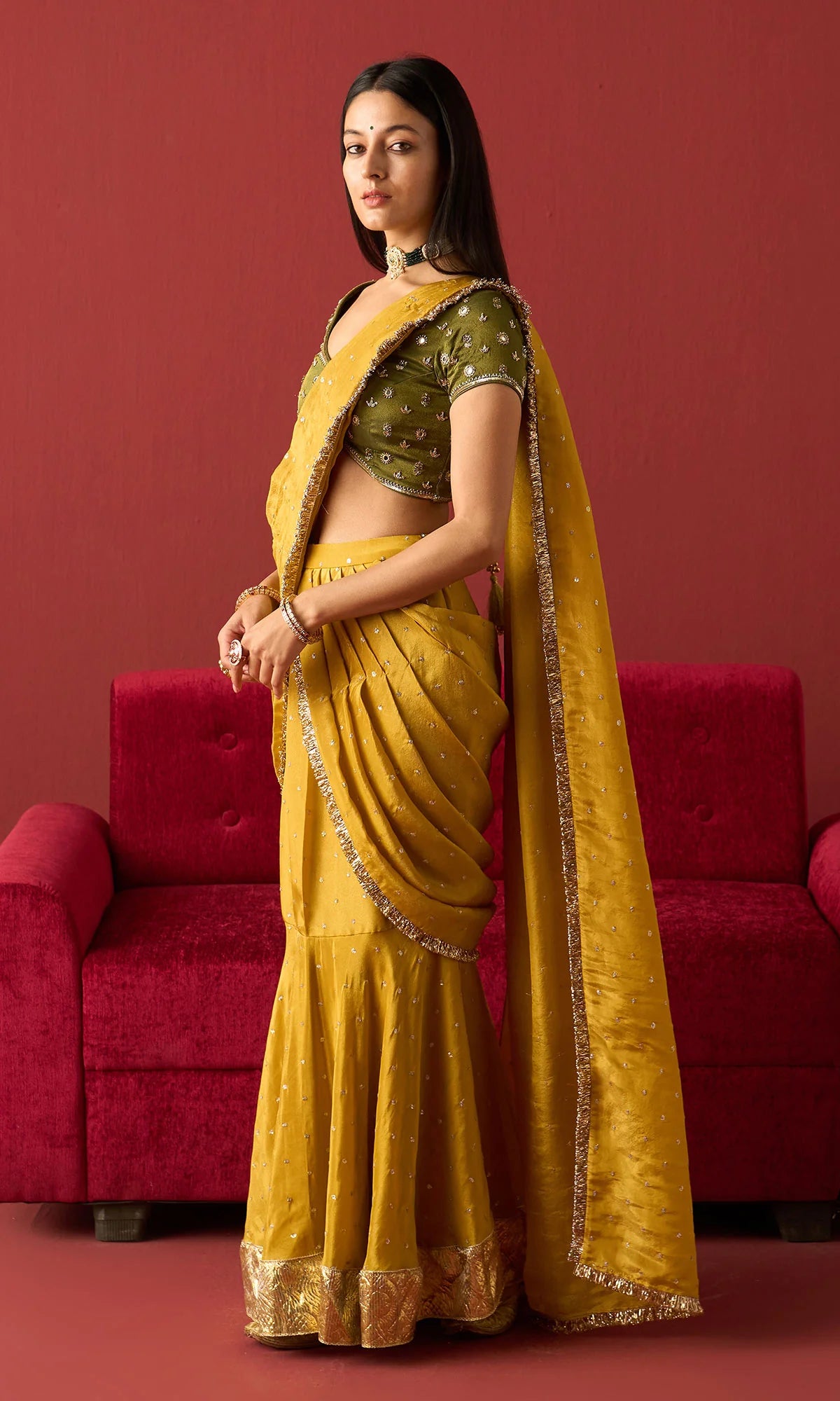 Rangeela Mustard Tissue Drape Saree & Blouse Set (Set of 2)