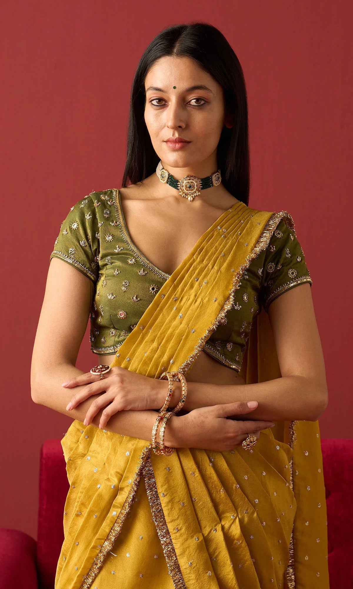 Rangeela Mustard Tissue Drape Saree & Blouse Set (Set of 2)