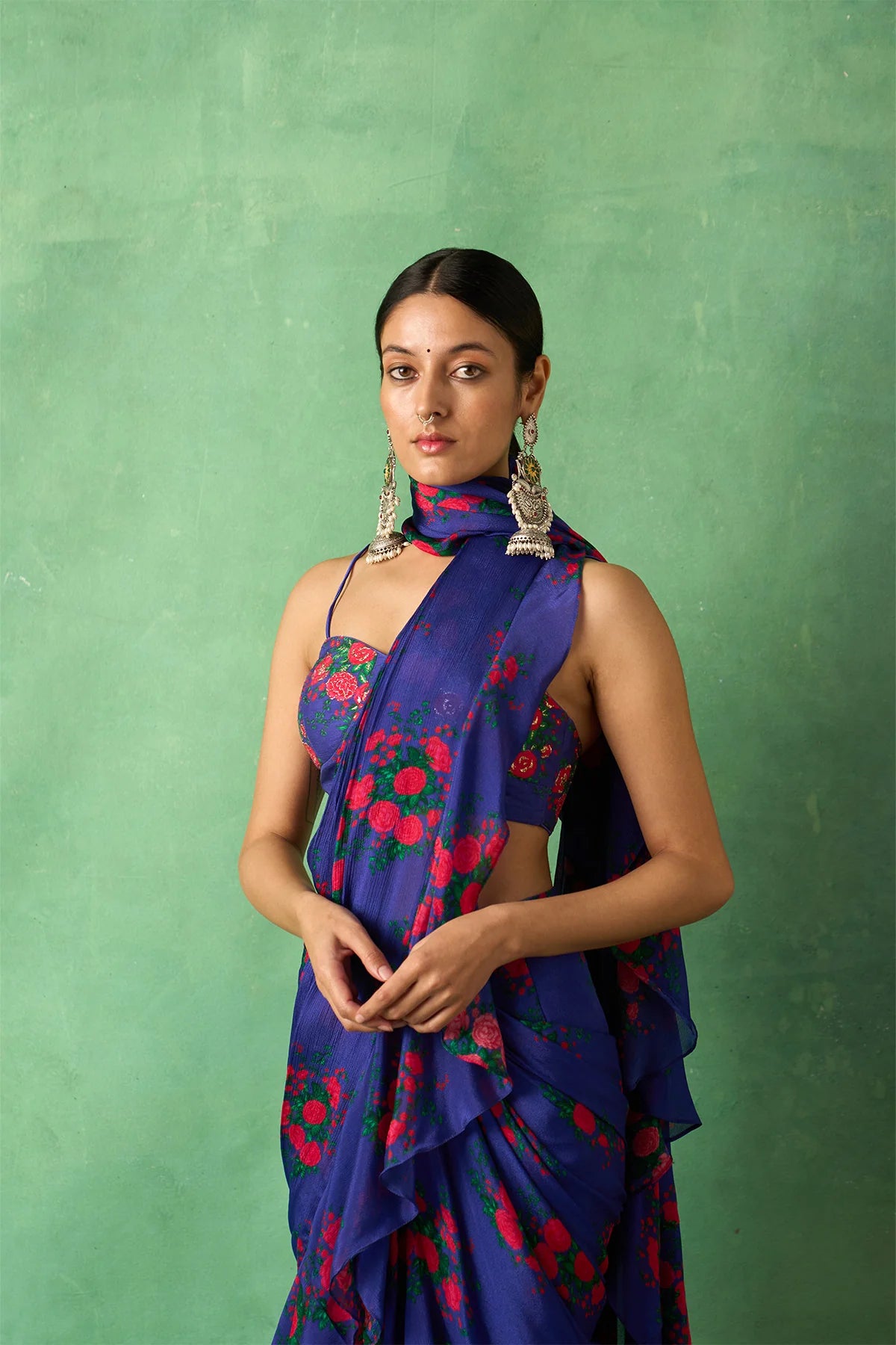 Rangeela Floral Night Blue Pre Drape Saree with Embroidered Bustier( Set of 2)