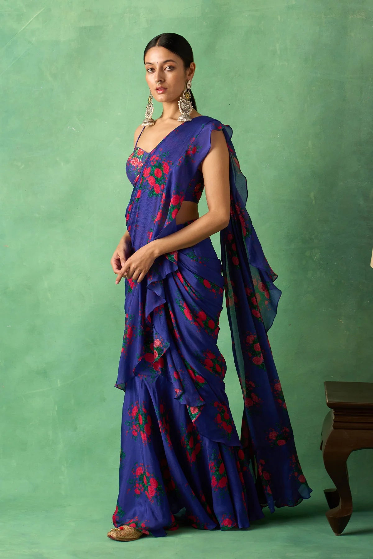 Rangeela Floral Night Blue Pre Drape Saree with Embroidered Bustier( Set of 2)