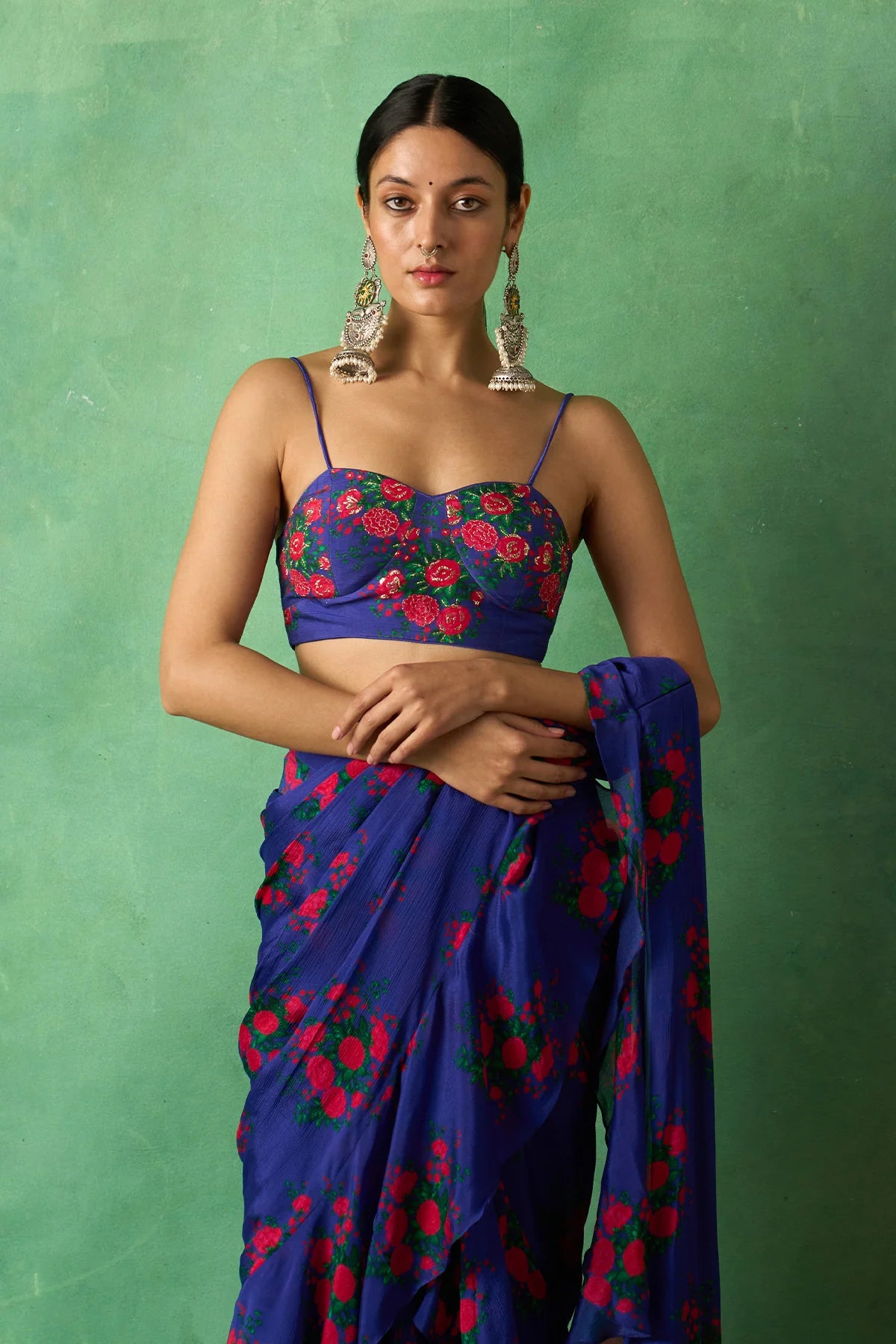 Rangeela Floral Night Blue Pre Drape Saree with Embroidered Bustier( Set of 2)