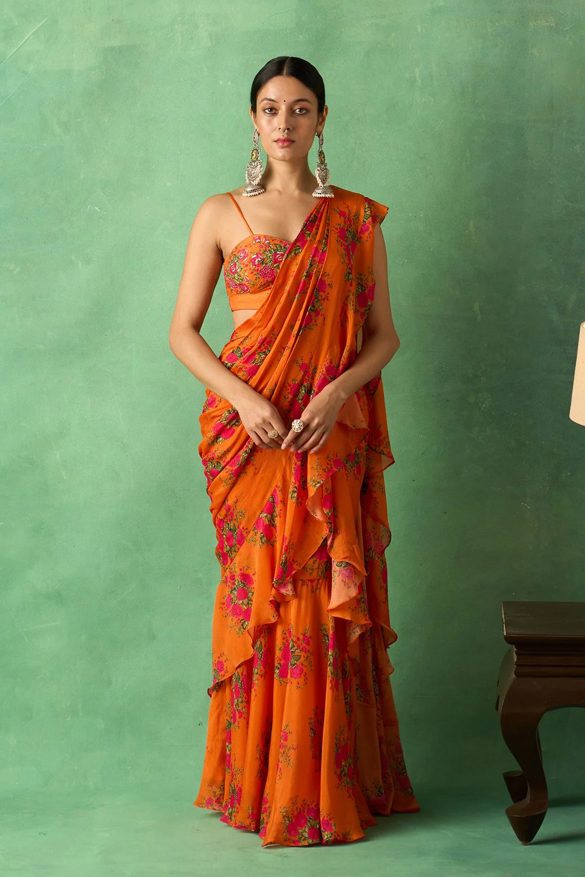 Rangeela Floral Orange Pre Drape Saree with Embroidered Bustier( Set of 2)