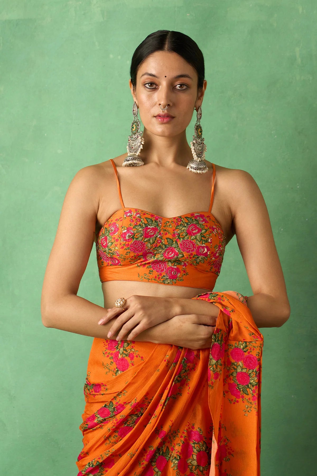 Rangeela Floral Orange Pre Drape Saree with Embroidered Bustier( Set of 2)