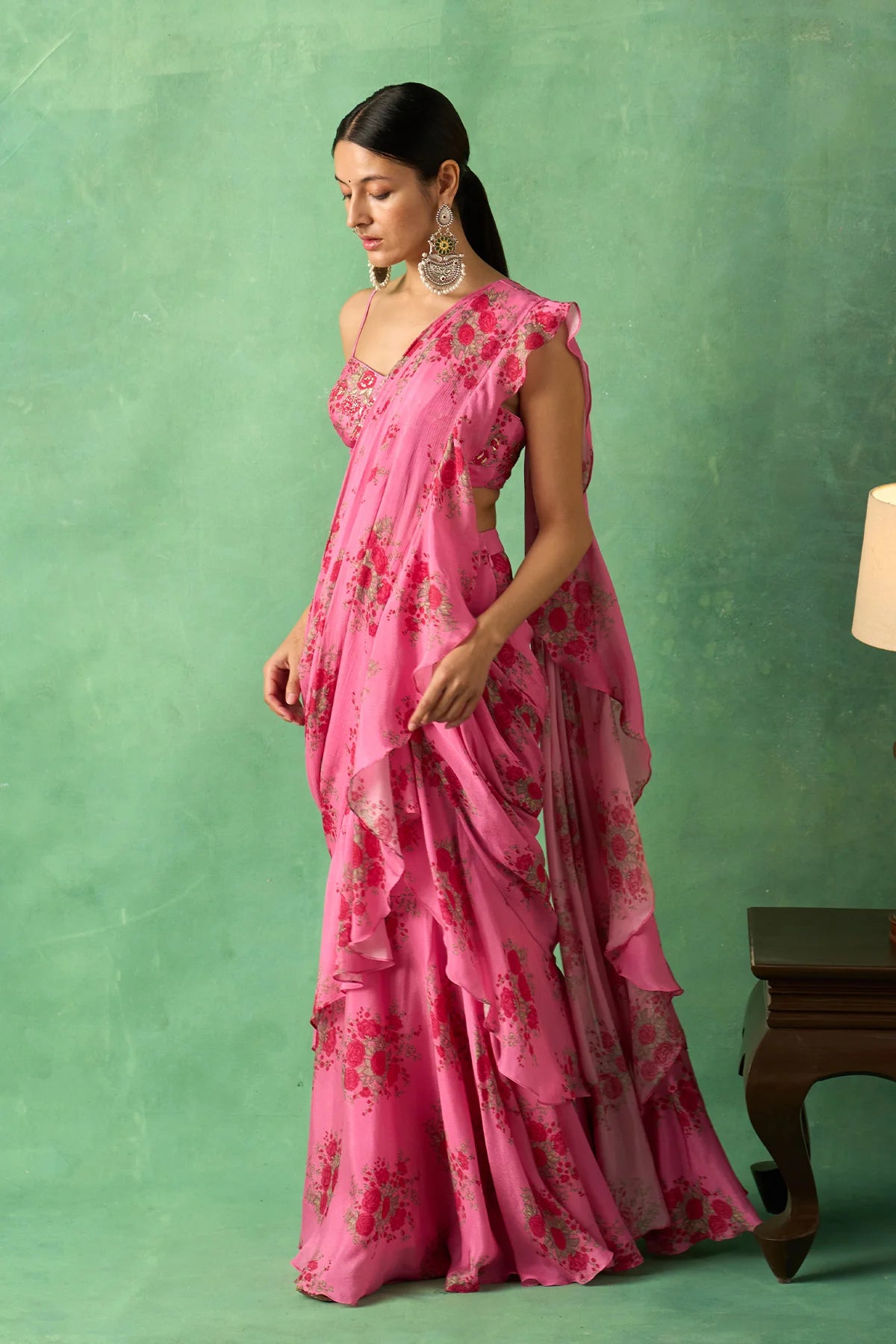 Rangeela Rose Pink Floral Pre Drape Saree with Embroidered Bustier( Set of 2)