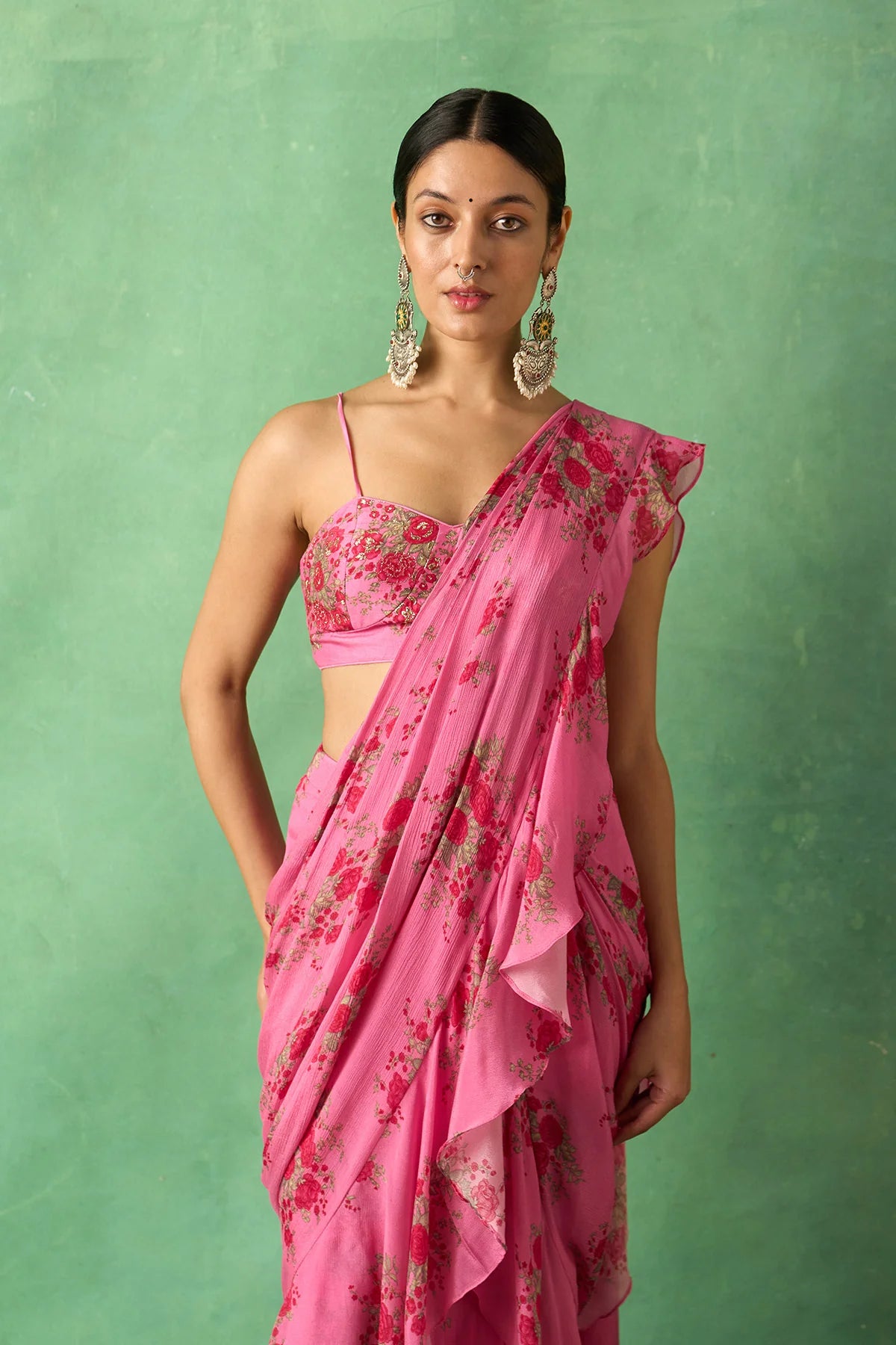 Rangeela Rose Pink Floral Pre Drape Saree with Embroidered Bustier( Set of 2)