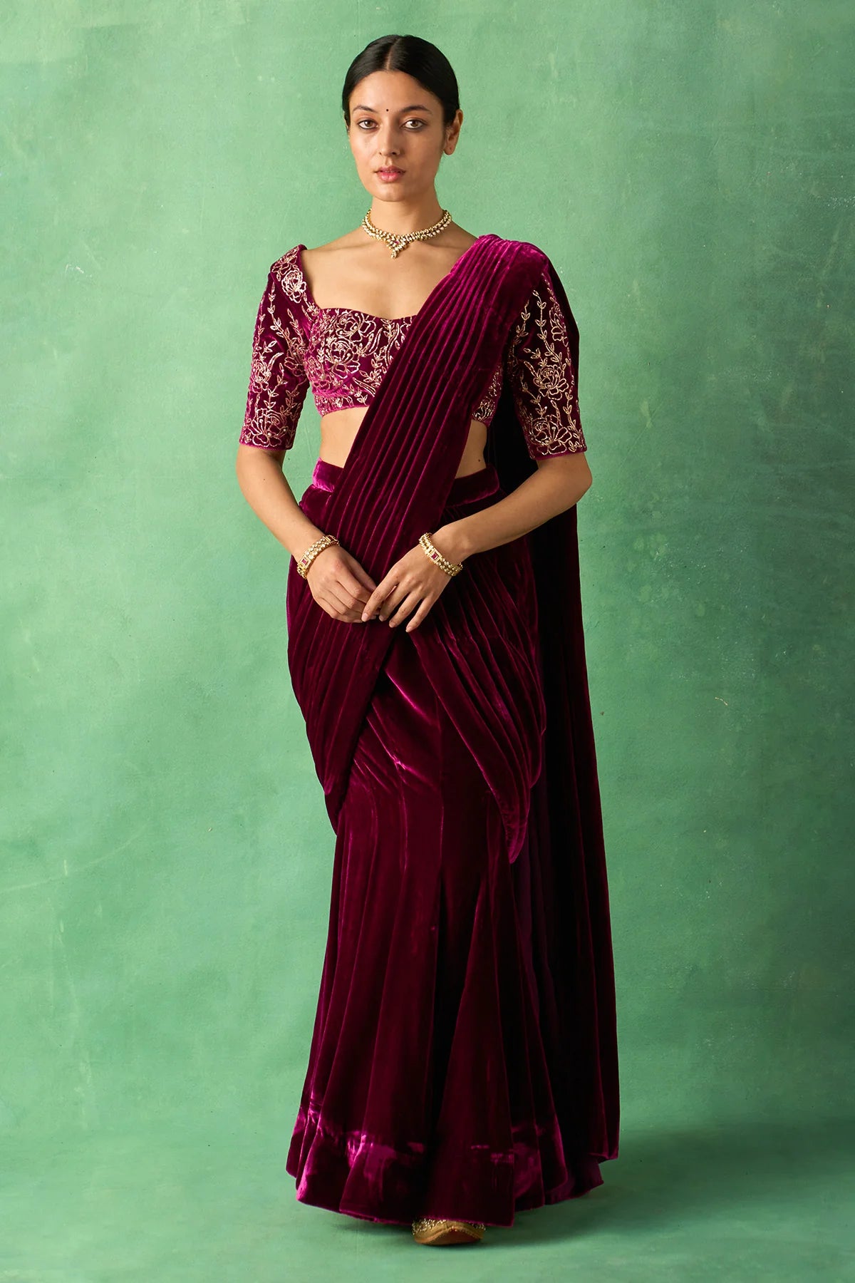 Zooni embroidered Deep orchid silk velvet drape saree with blouse ( set of 2)