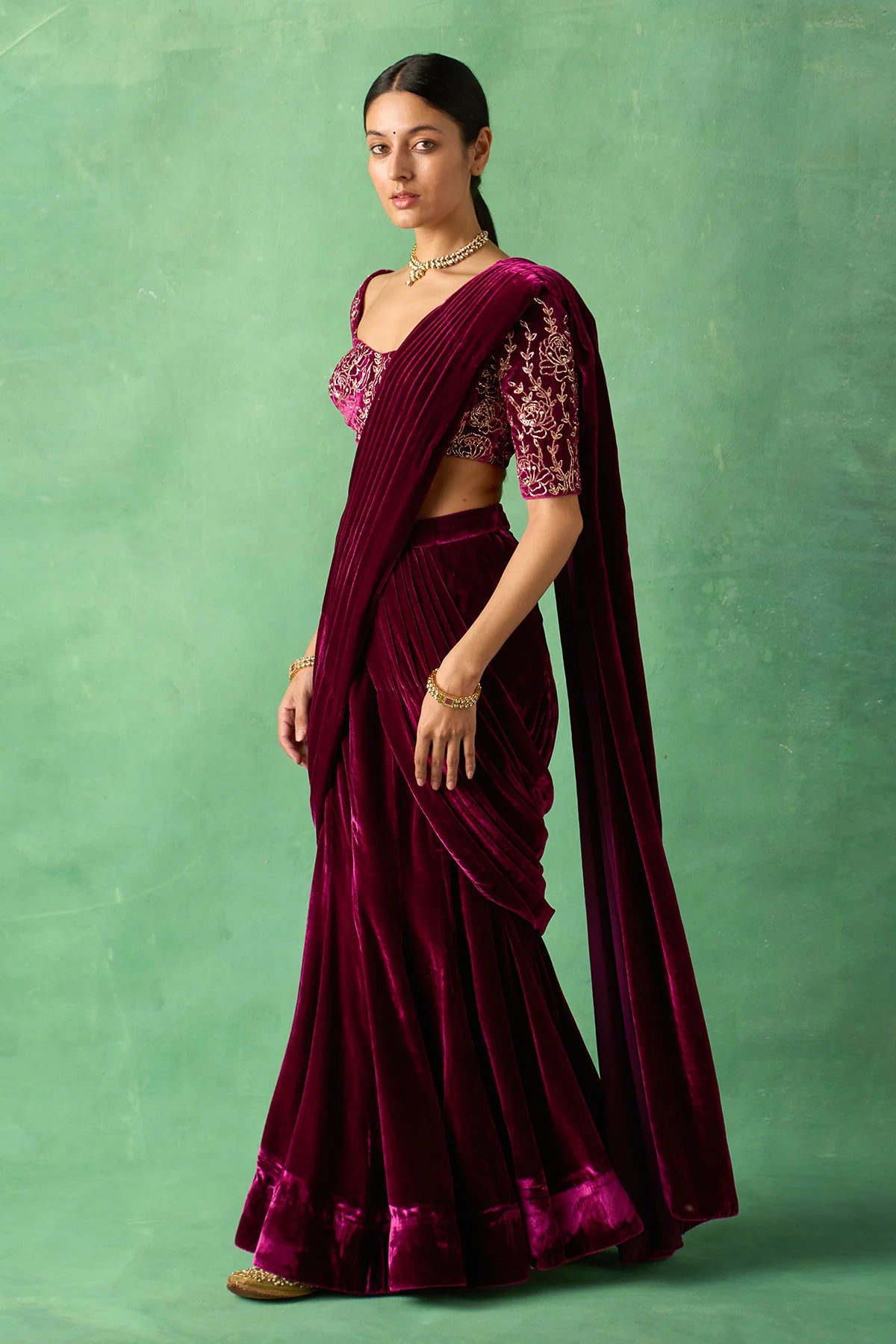 Zooni embroidered Deep orchid silk velvet drape saree with blouse ( set of 2)