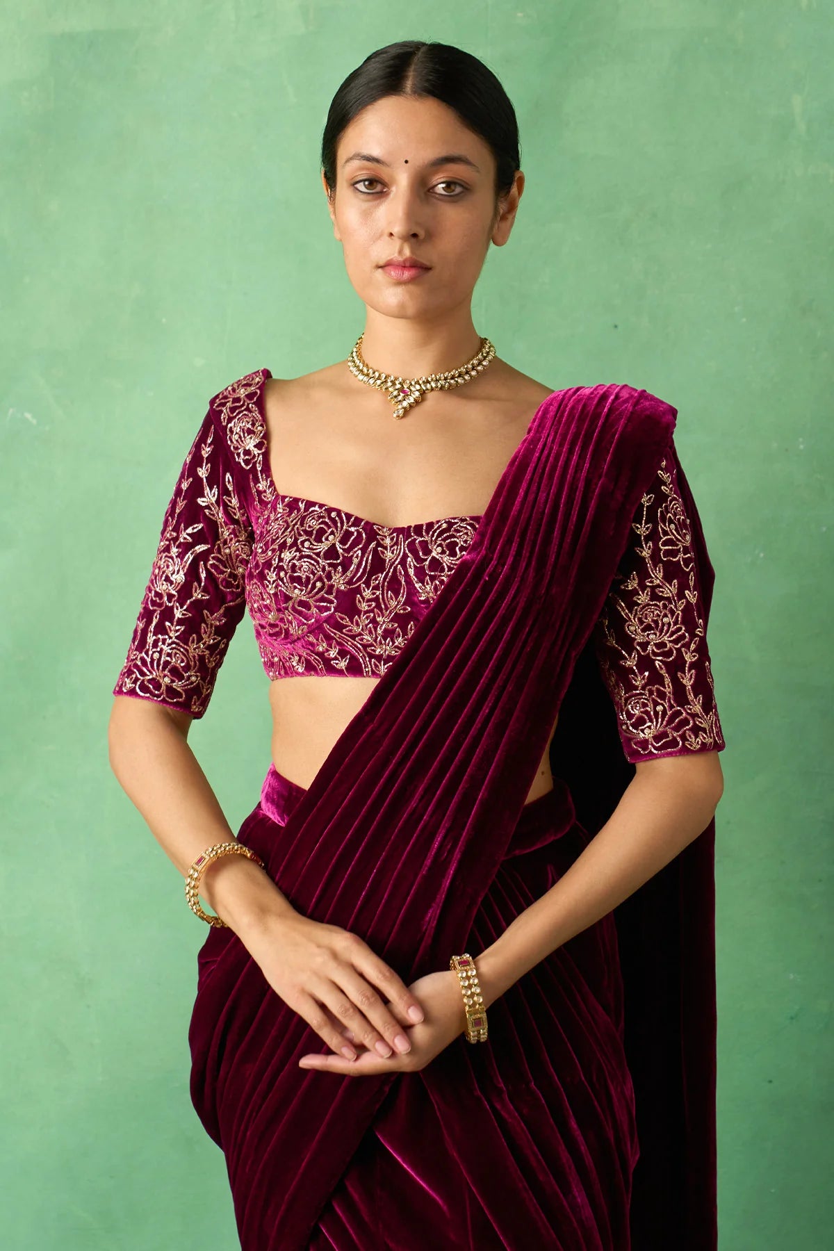 Zooni embroidered Deep orchid silk velvet drape saree with blouse ( set of 2)