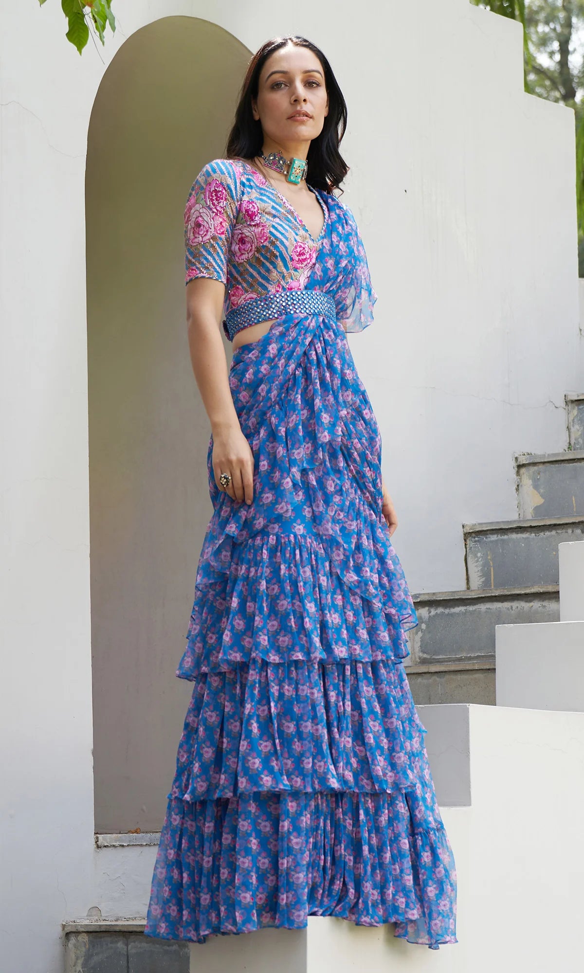 Farzeen - Cobalt Blue Floral-Leheriya Pre-draped Saree with belt