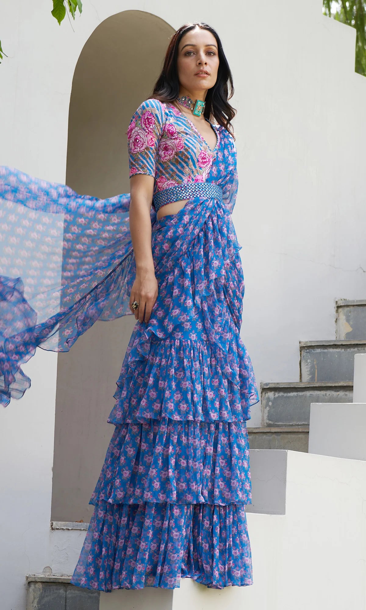 Farzeen - Cobalt Blue Floral-Leheriya Pre-draped Saree with belt