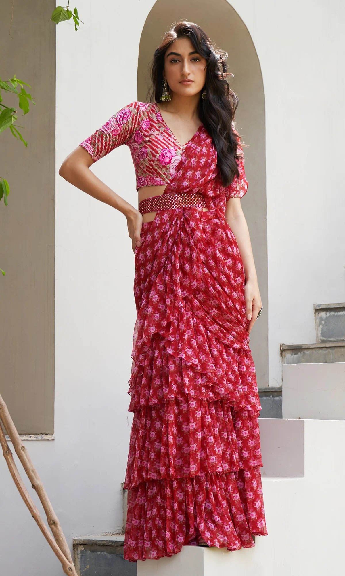 Farzeen - Red Leheriya-Floral and Pre-draped saree with belt