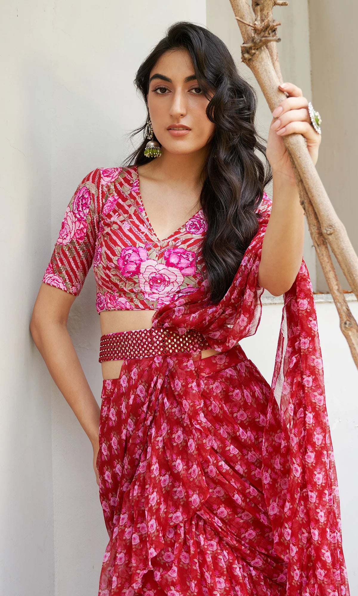 Farzeen - Red Leheriya-Floral and Pre-draped saree with belt