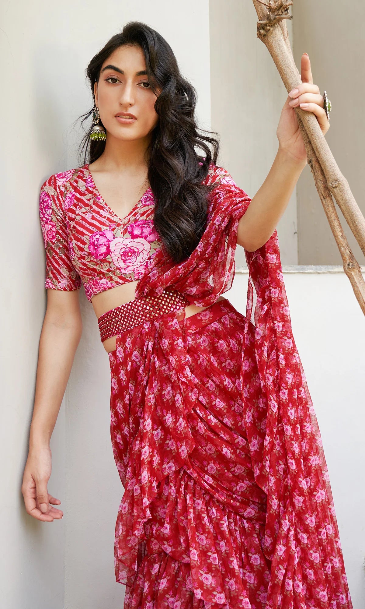Farzeen - Red Leheriya-Floral and Pre-draped saree with belt