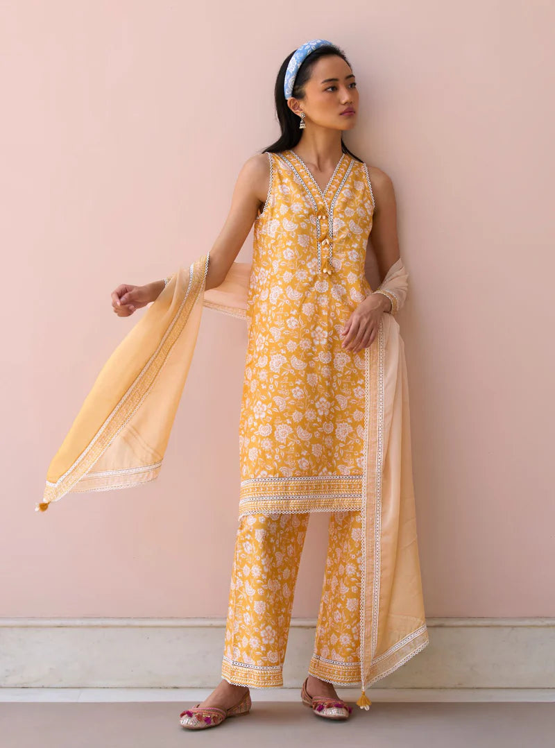 Aubriet Mustard Cotton Kurta & Pant Set