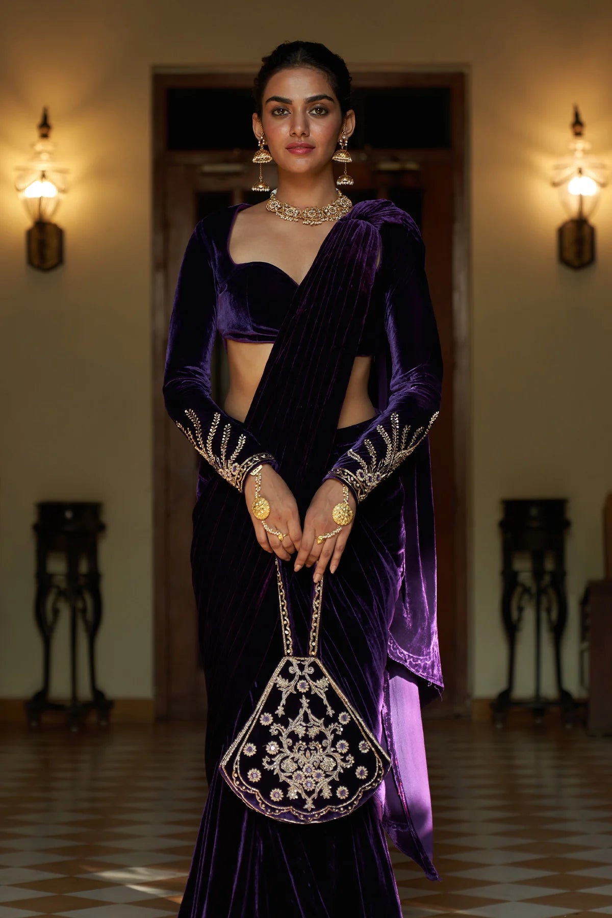 Zooni Purple velvet draped saree with blouse( set of 2)