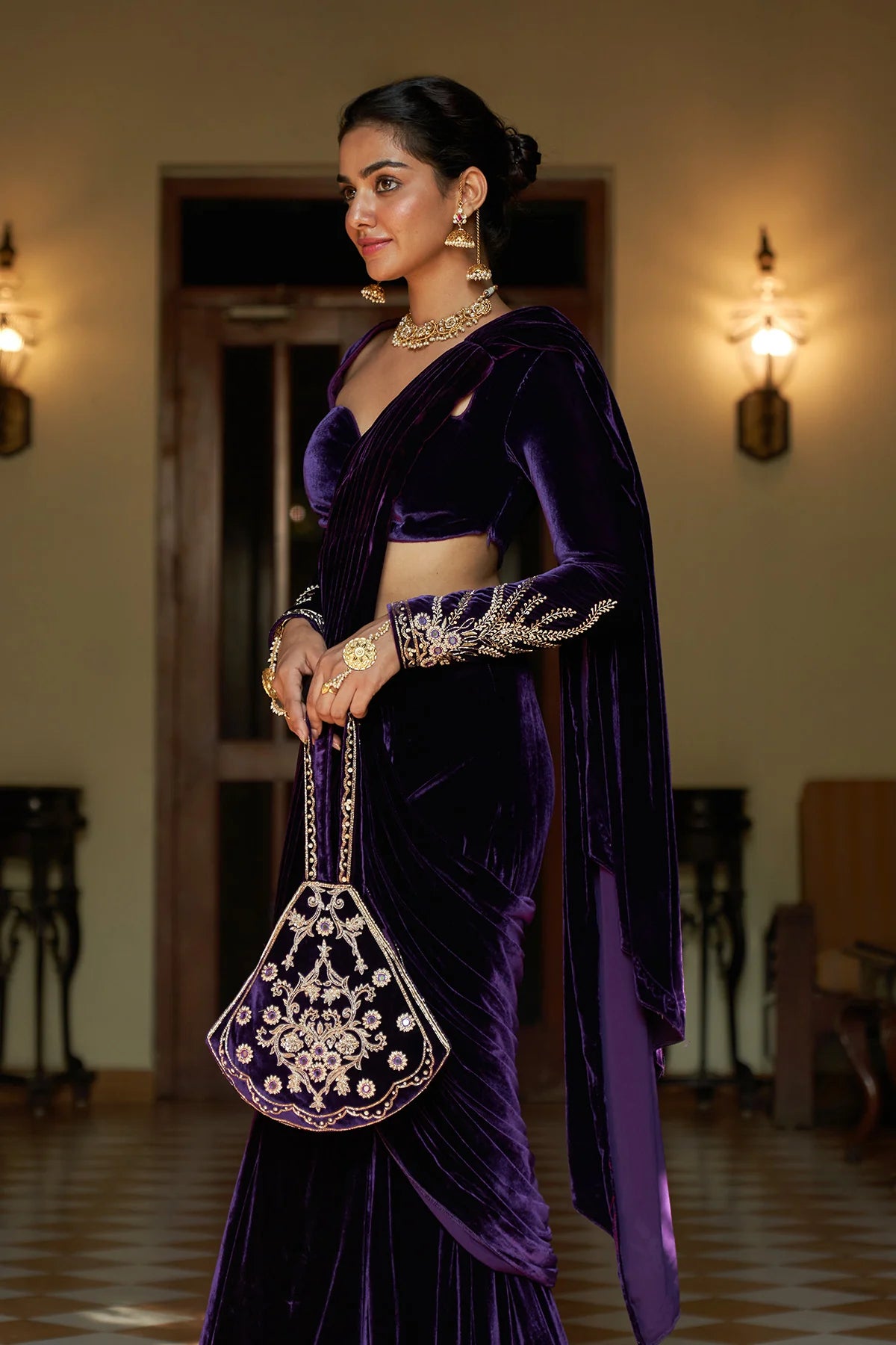 Zooni Purple velvet draped saree with blouse( set of 2)