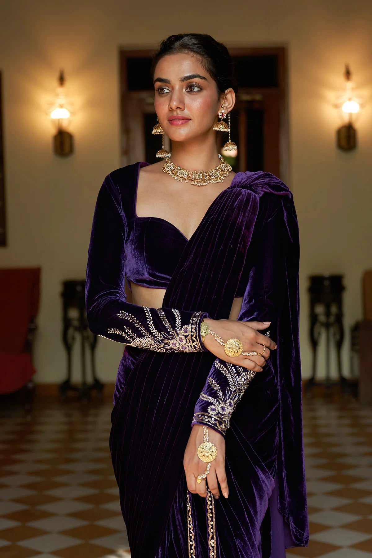 Zooni Purple velvet draped saree with blouse( set of 2)