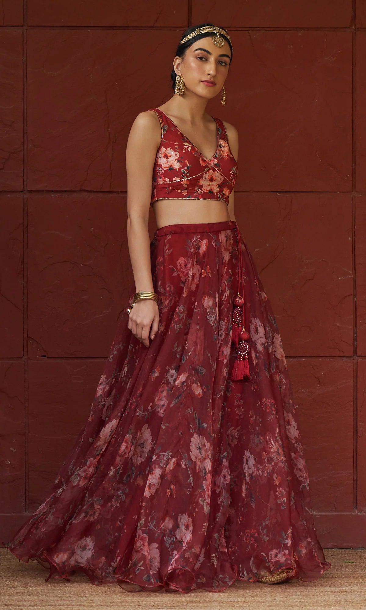 Bagh - Red Floral Printed Lehenga Set - set of 3