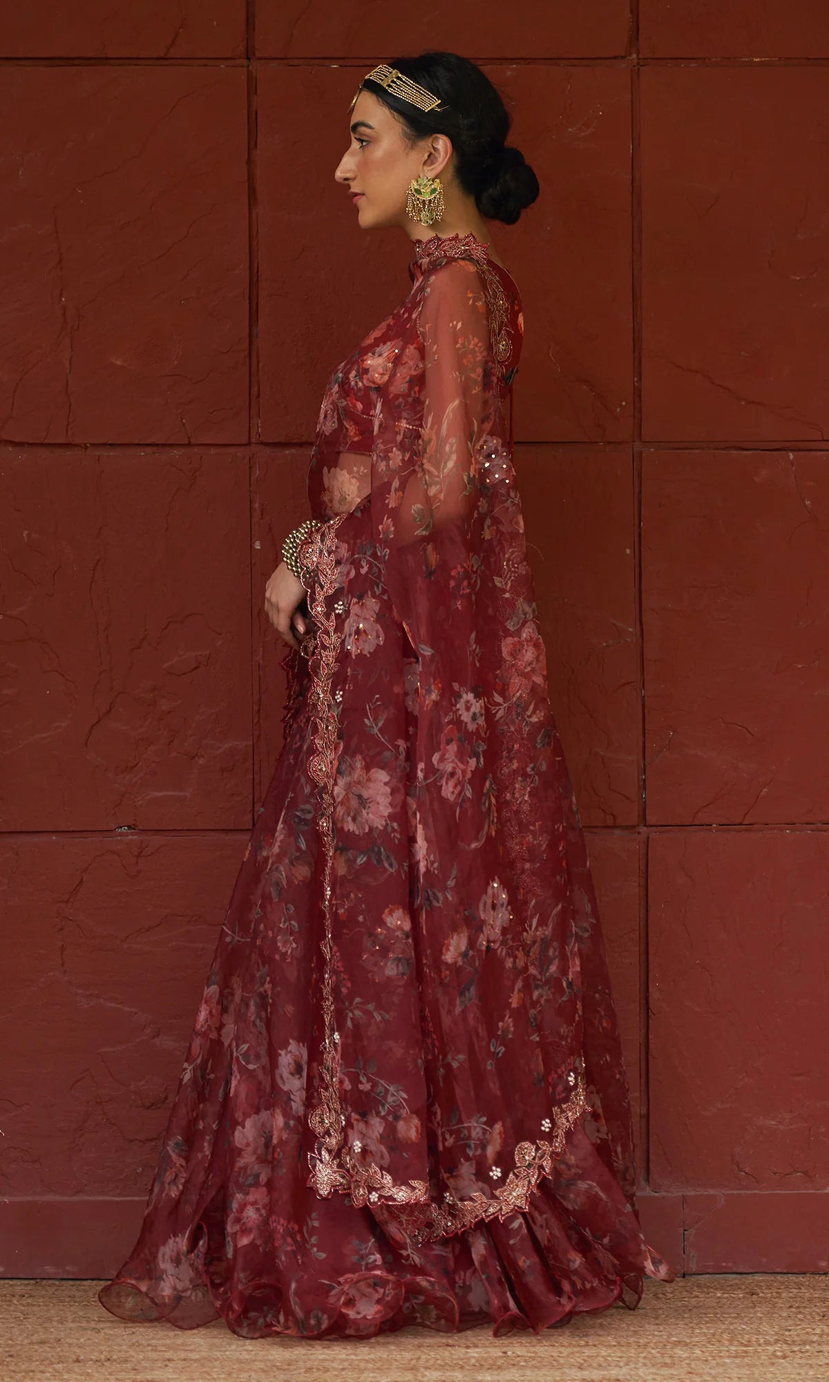 Bagh - Red Floral Printed Lehenga Set - set of 3