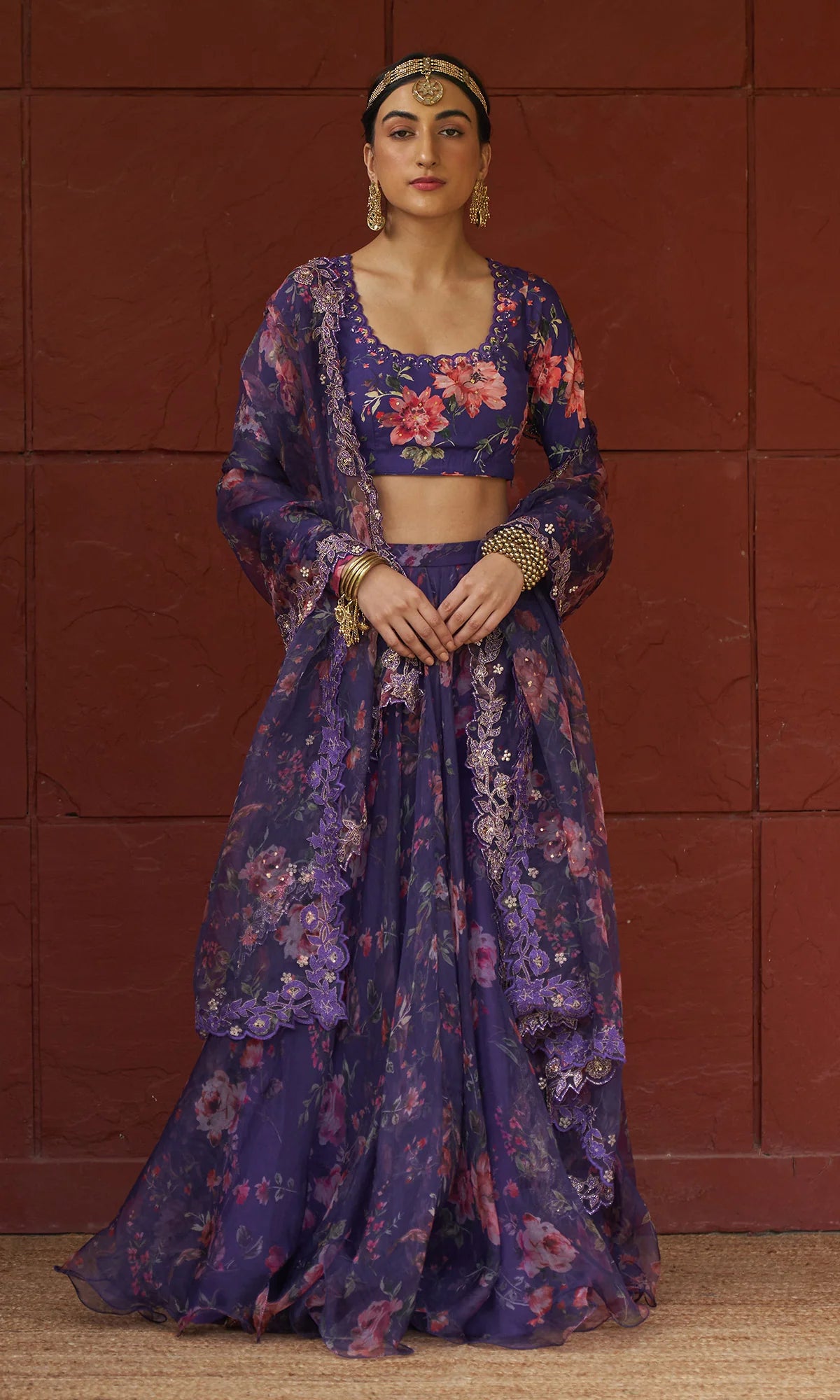 Bagh - Purple Floral Printed Lehenga Set - set of 3